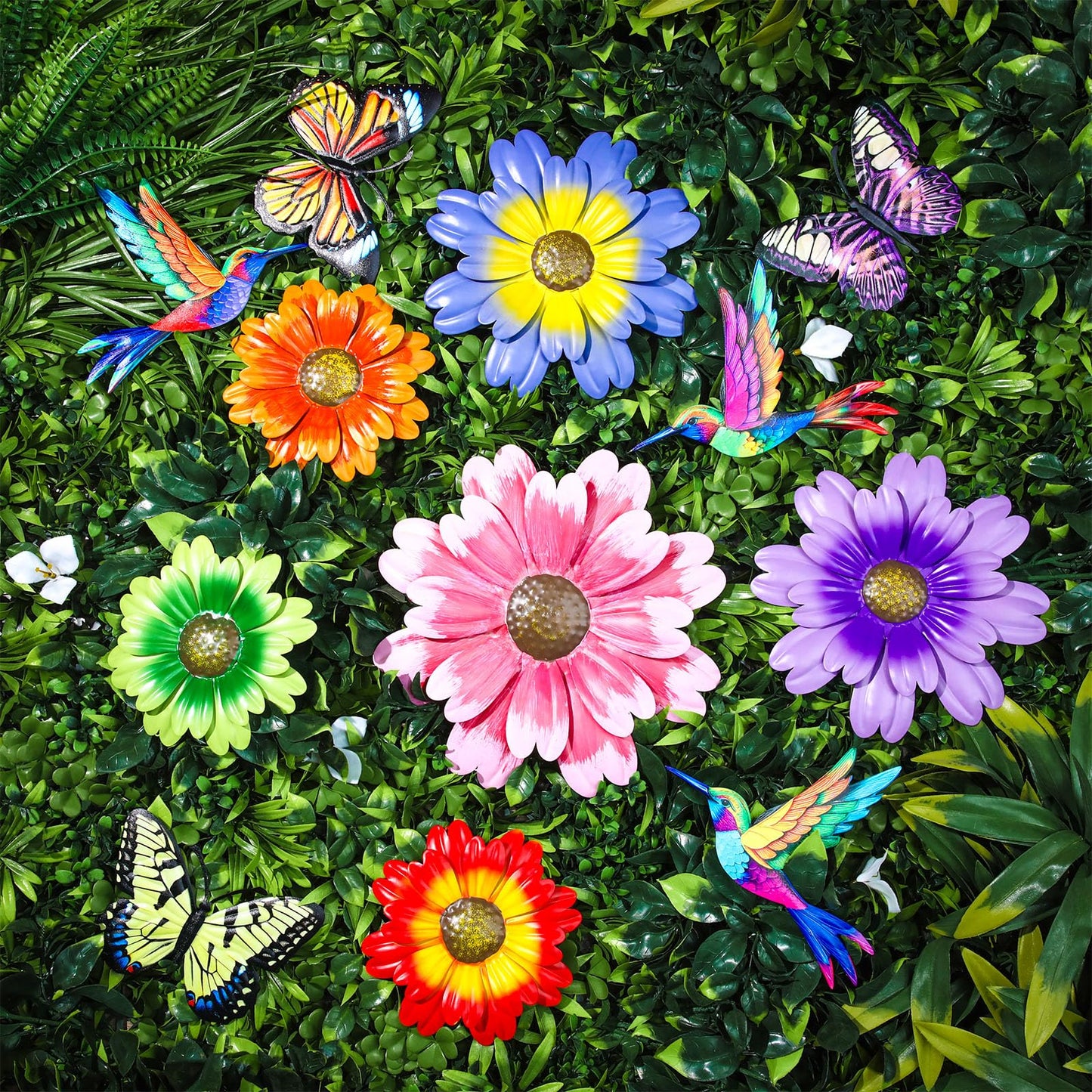 Colingmill 12 Pack Metal Flowers Butterfly Hummingbird Wall Art Decor 3D Metal Outdoor Wall Hanging Sculptures Decoration for Outdoor Garden Fence Yard Patio Indoor Living Room Balcony (Pink)
