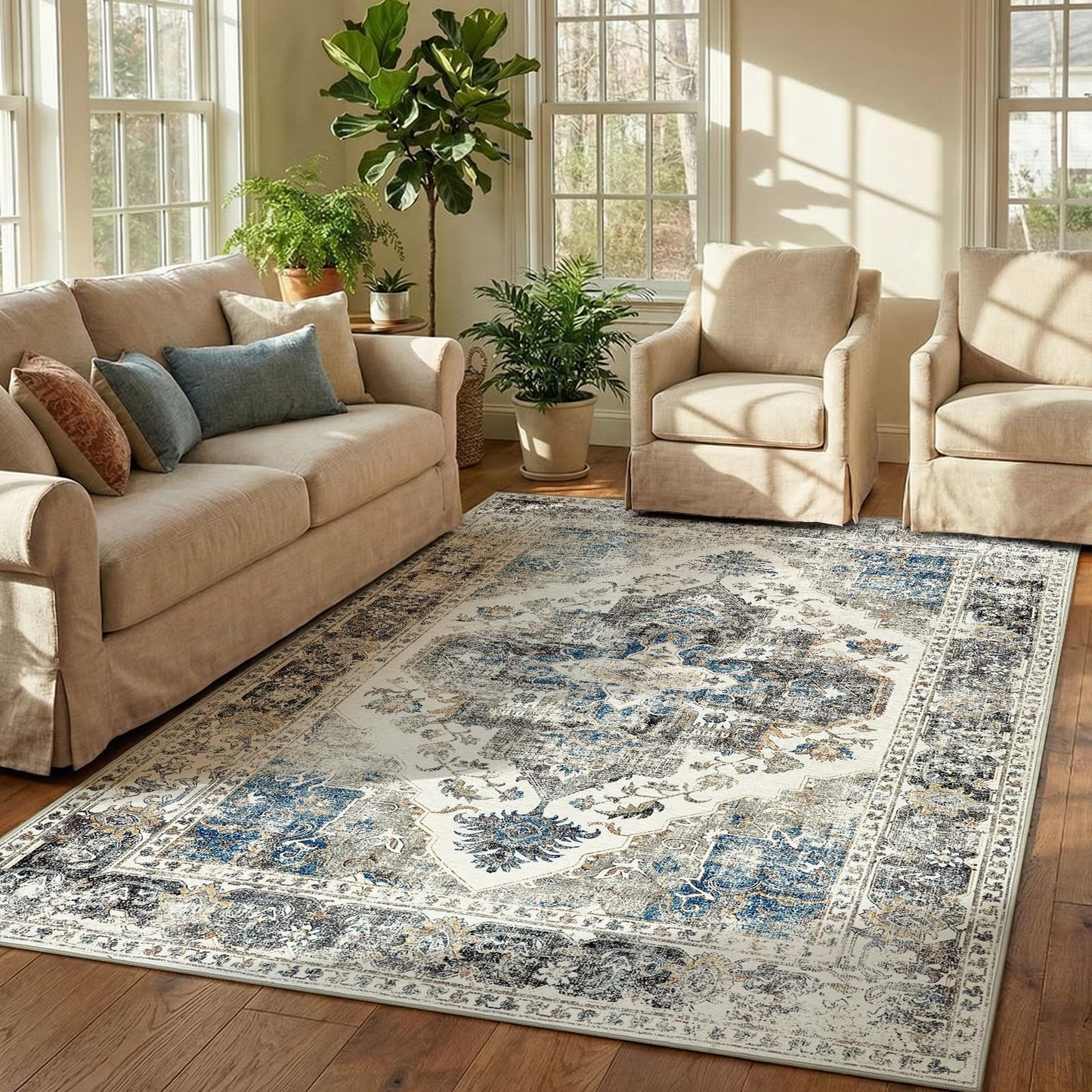 jinchan 6x9 Large Area Rug Vintage Washable Non-Slip Rug for Living Room Bedroom Dining Room Kitchen Home Office Thin Elegant Retro Lightweight Chenille Rug Blue Grey