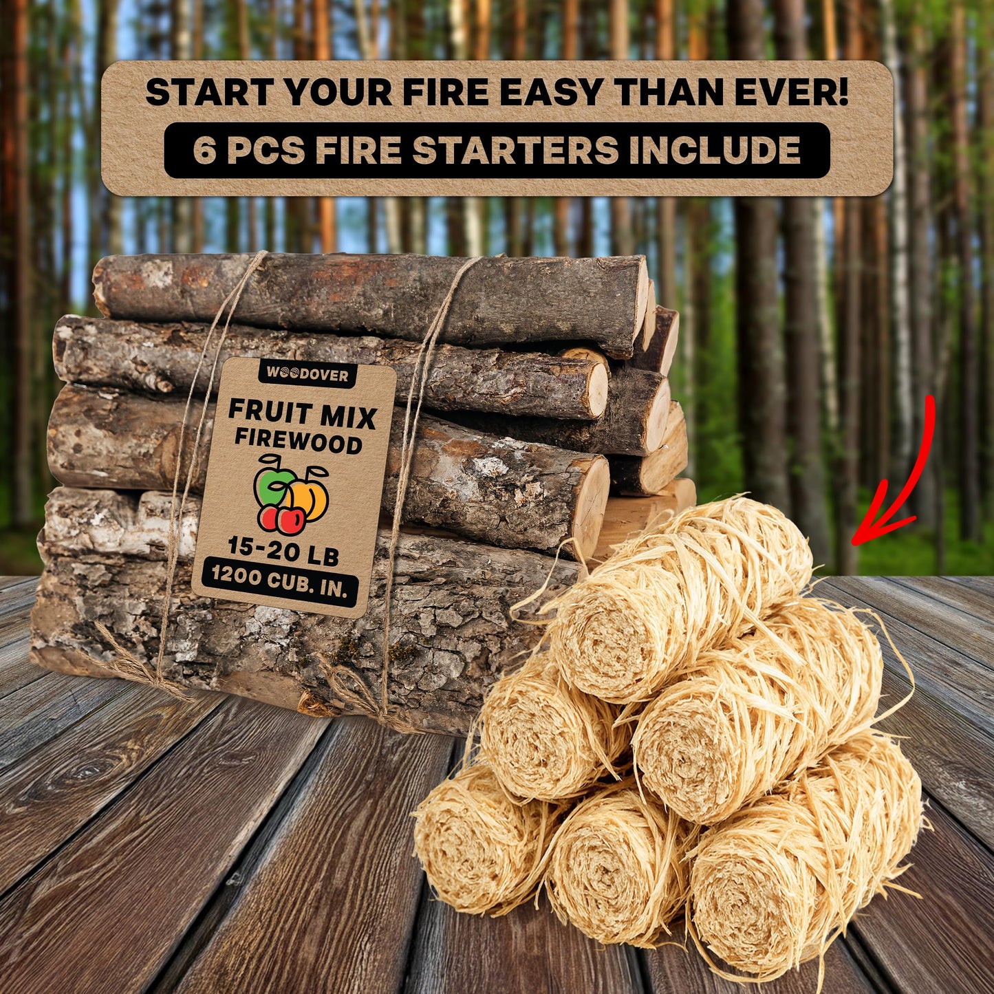 15" Apple & Cherry Firewood Logs with Fire Starters Set - Kiln-Dried Firewood for Fire Pit, Seasoned Wood for Fireplace, Campfire & Pizza Oven - Split Wood for Solo Stove - 1200 cu. in., 15-20lb