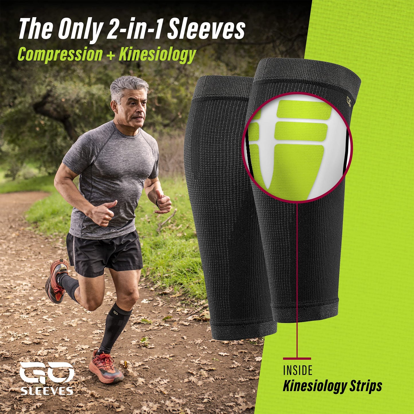 GO SLEEVES Kinesiology Calf Compression Sleeve Men, Targeted Support for shin splints, Muscle Fatigue, Soreness, Calf Muscle