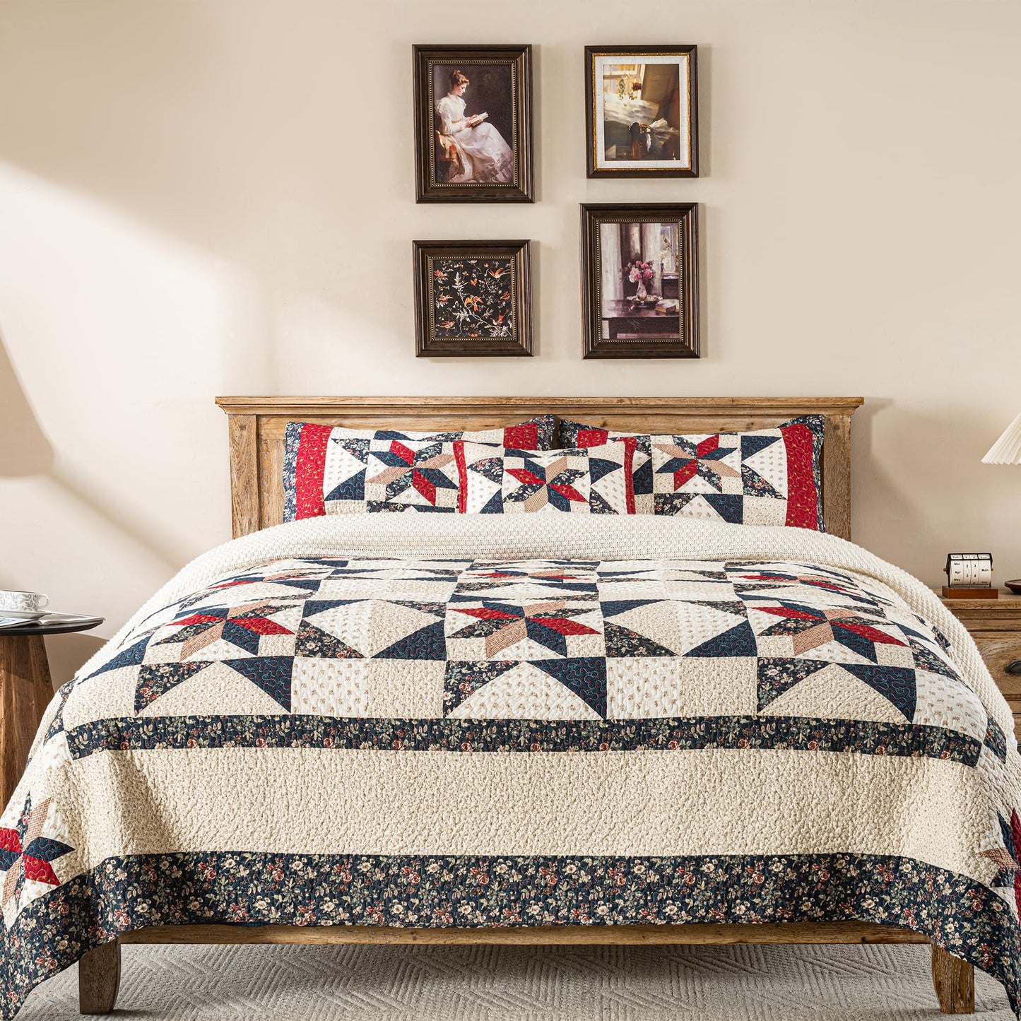 NIUDÉCOR HOME Star Patchwork Quilt Set King Size Country Comforter 100% Cotton Reversible Breathable Geometric Quilted Bedspread with 2 Pillow Shams +1 Throw Pillow Cover