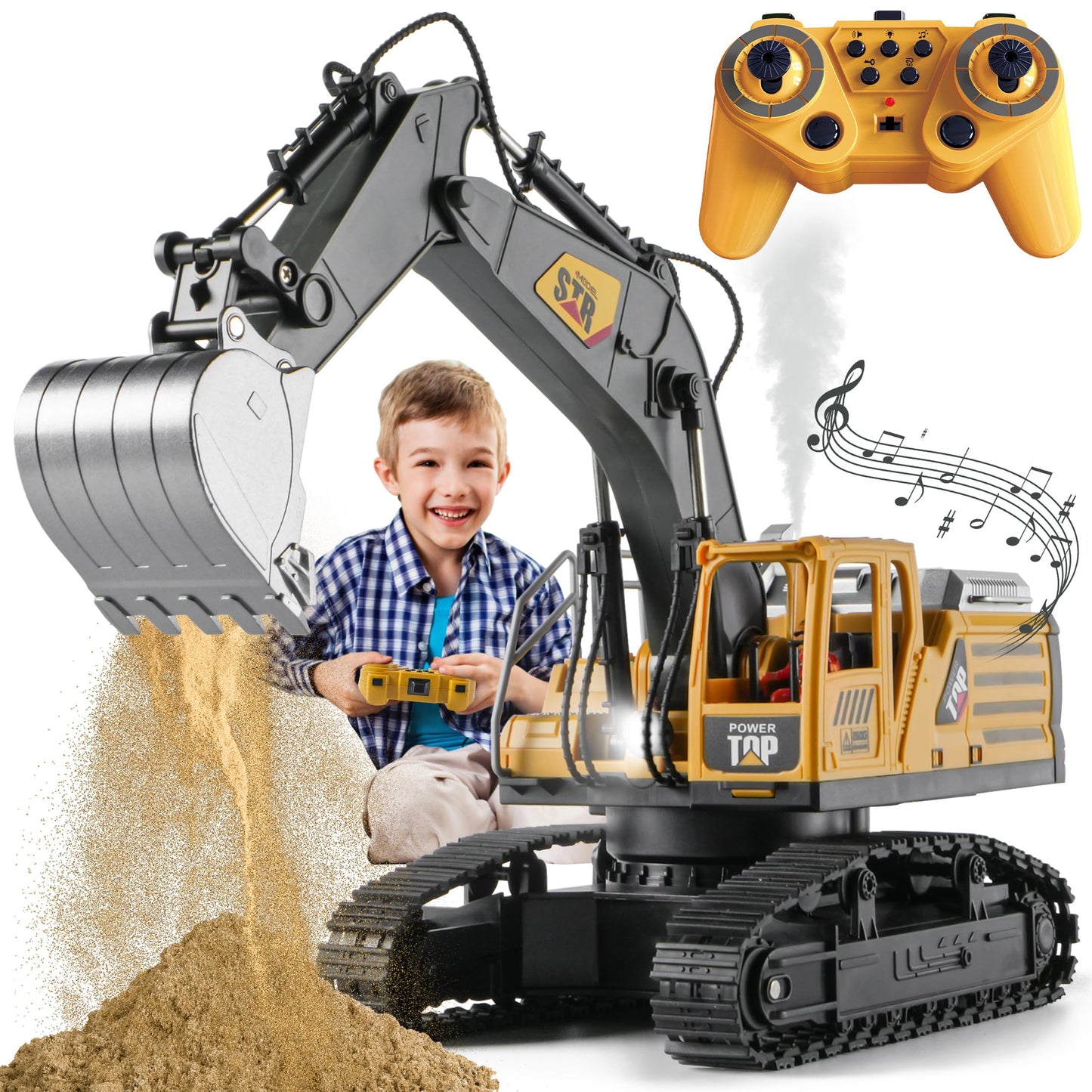 KASQERT Remote Control Excavator Toys for Boys,14 Channel RC Digger Construction Toys Tractor,Simulated Smoke, Sound, Lighting, Metal Digging Head, for Boys 6 7 8 9 10 11 12