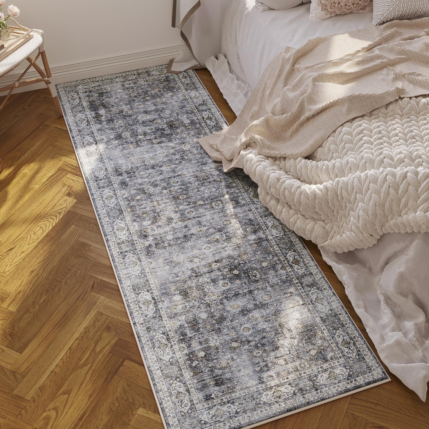 Runner Rug Hallway Runner Rug Washable Kitchen Runner Rugs with Rubber Backing 2'6''x8' 100% Polyester Vintage Rug for Entryway Indoor, Kitchen, Laundry, Bedroom (Grey and Brown)