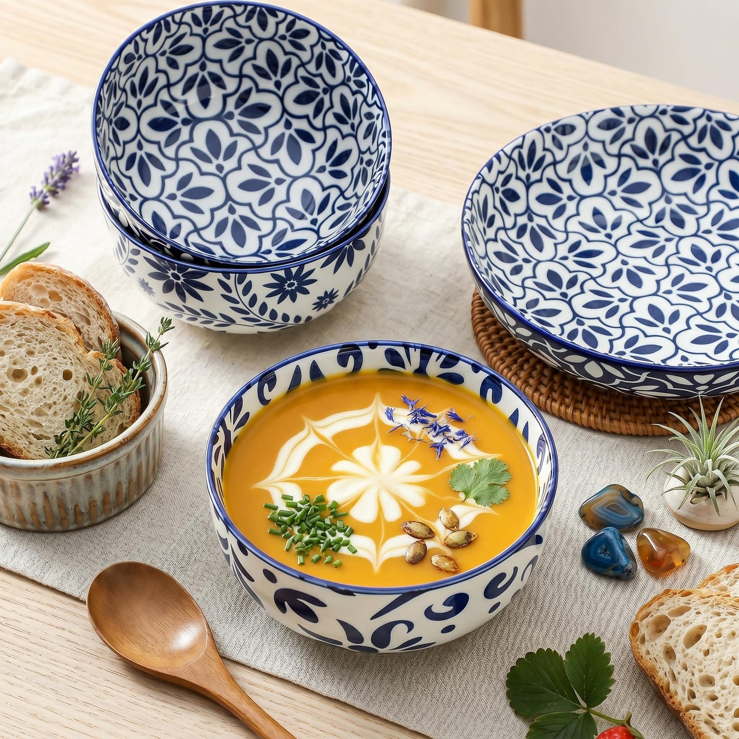JINGUS Cereal Bowls, 28 Ounce Ceramic Soup Bowls Set of 6, Large Bowl Set for Rice Salad Fruit Dessert Oatmeal Snack Ice Cream,Microwave & Dishwasher Safe, Bohemian Blue & White