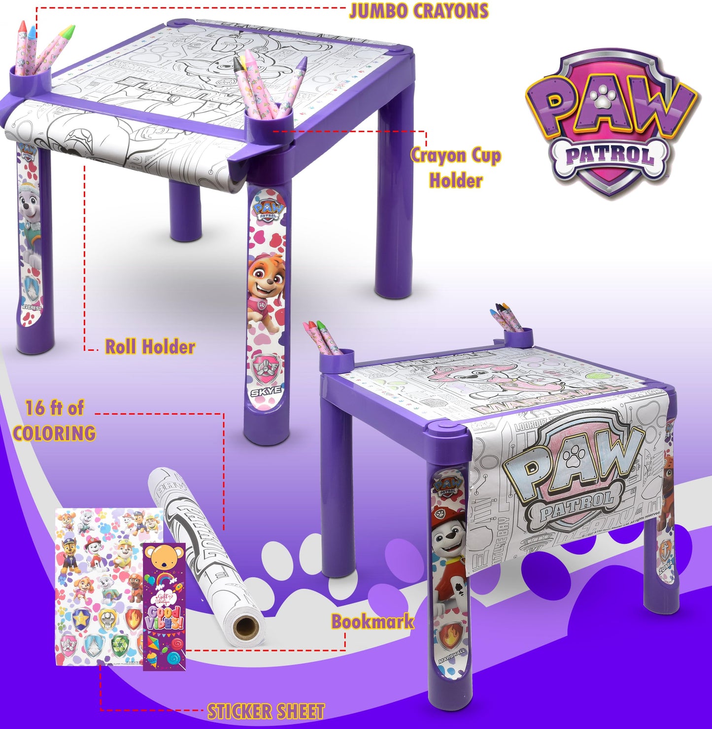 Paw Patrol Coloring & Craft Activity Art Table for Kids Girls with Colorable Roll Crayons Stickers Plastic Table Holder Desk