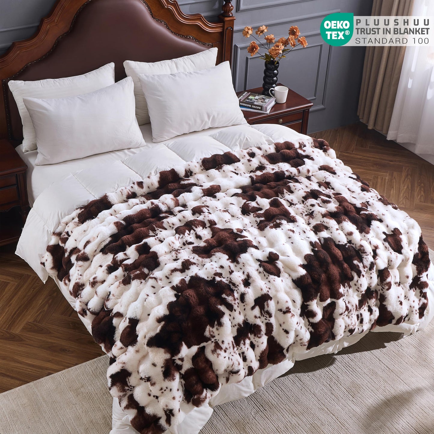 PLUUSHUU Faux Fur Throw Blanket for Couch, Fluffy Fuzzy Plush Bubble Blanket, Soft Warm Cozy Shaggy Rabbit Blanket, Luxury Decorative Gifts for Sofa Bedroom Living Room, 60x80inch (Cow Print-Brown)
