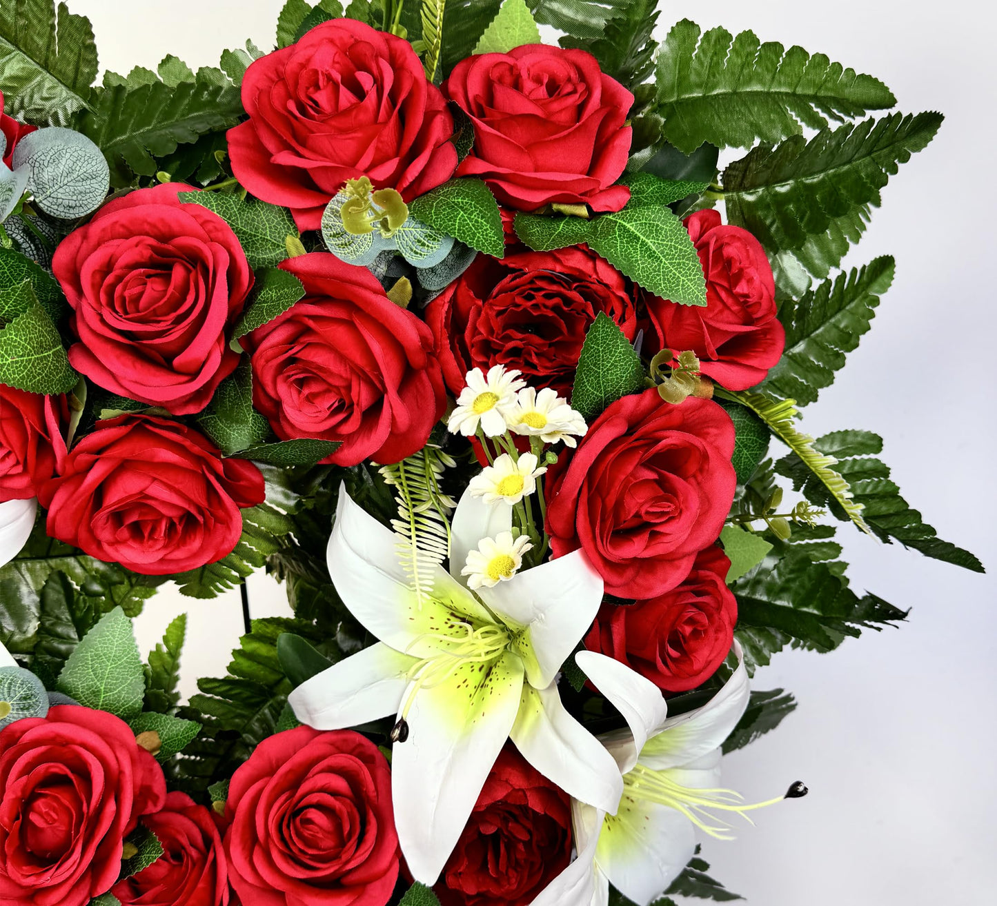 SUHOOKOO Cemetery Flower - Ebullient Remembrance Standing Heart, Grave Wreath with Easel Stand,Memorial Floral-Red Rose Hibiscus/White Lily-27 Inch