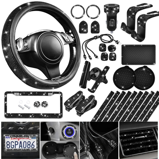 CAR PASS 30 PCS Bling Diamond Car Accessories Set for Women, Bling Steering Wheel Covers 15 Inch, Shining Rhinestone License Plate Frame, Sparkly Phone Holder, Cute Interior Set Decorations, Black