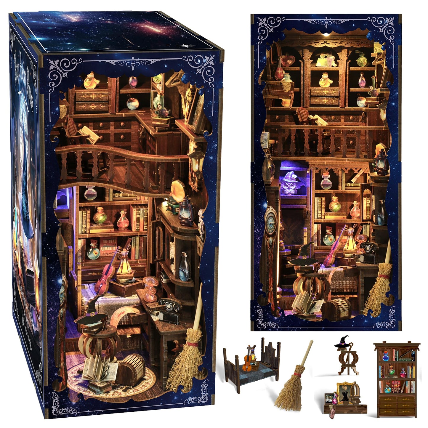DIY Book Nook Kit for Adults, 3D Wooden Puzzle Bookshelf Insert Decor with LED Light & Stickers, Dust Cover,Miniature House Craft Gifts for Family,Friends and Book Lovers（Magic Potion House）