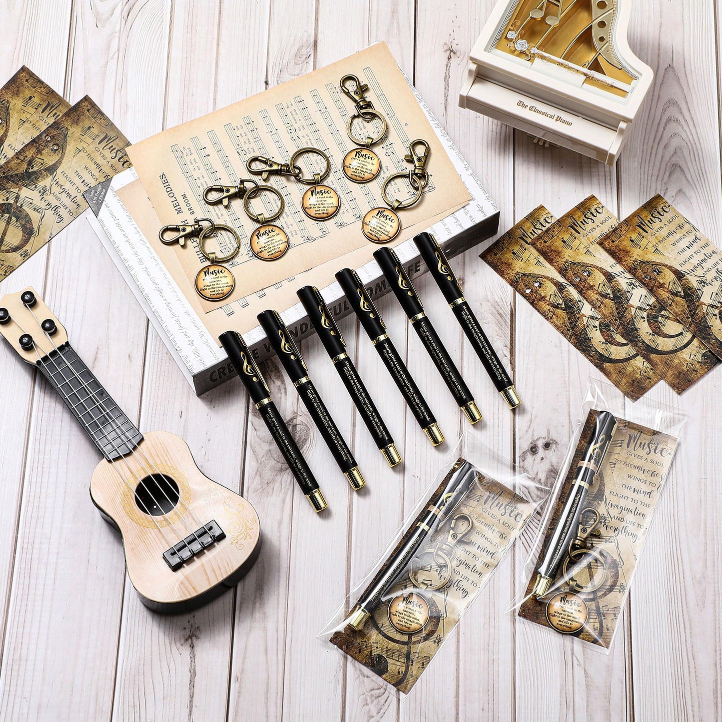 Spakon 90 Pcs Music Appreciation Gifts Bulk Inspirational Musical Pens Musical Keychains and Bookmarks End of Year Gifts for Students Music Lovers Musician Teachers Band Choir Graduation Party Favors