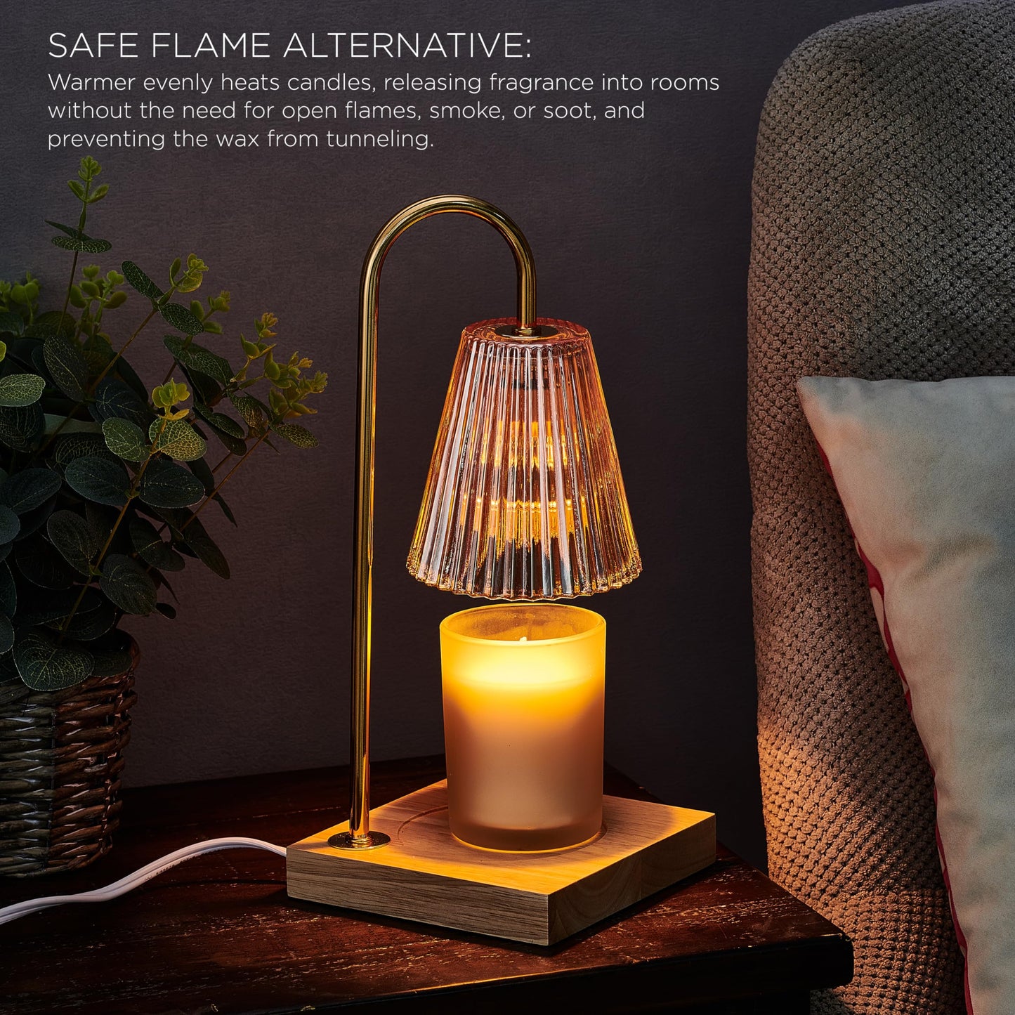 Mikasa Electric Candle Warmer with Amber Glass Shade - 13.8 Inch Lamp Warmer with Wooden Base, 50 Watt Halogen Bulb Included, Dimmer Switch, Safe Flameless Fragrance for Home Décor