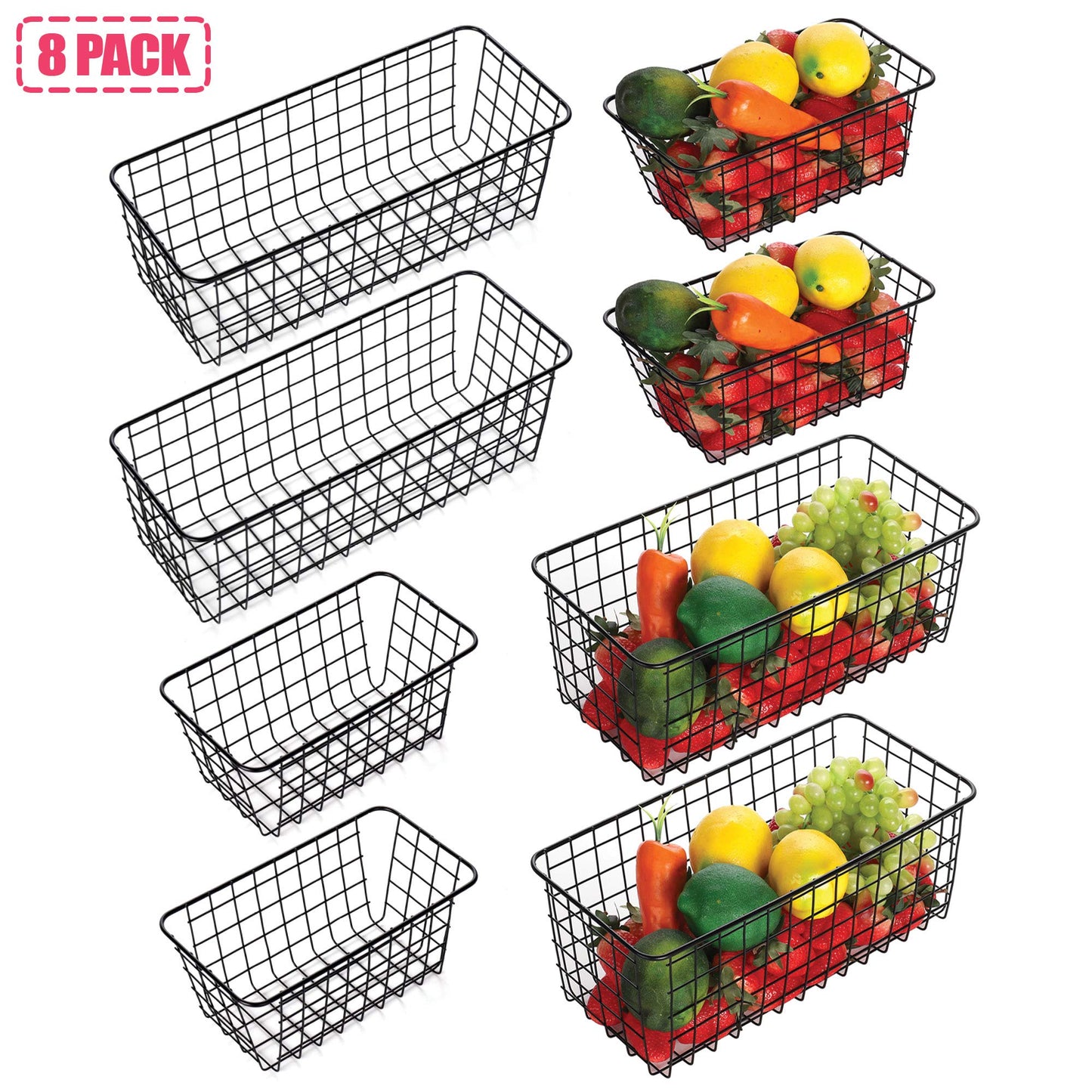 XINFULL 8 Pack Wire Storage Baskets Household Metal Wall-Mounted Containers Organizer Bins for Kitchen Bathroom Freezer Pantry Closet Laundry Room Cabinets Garage Shelf, 4 Large 4 Medium