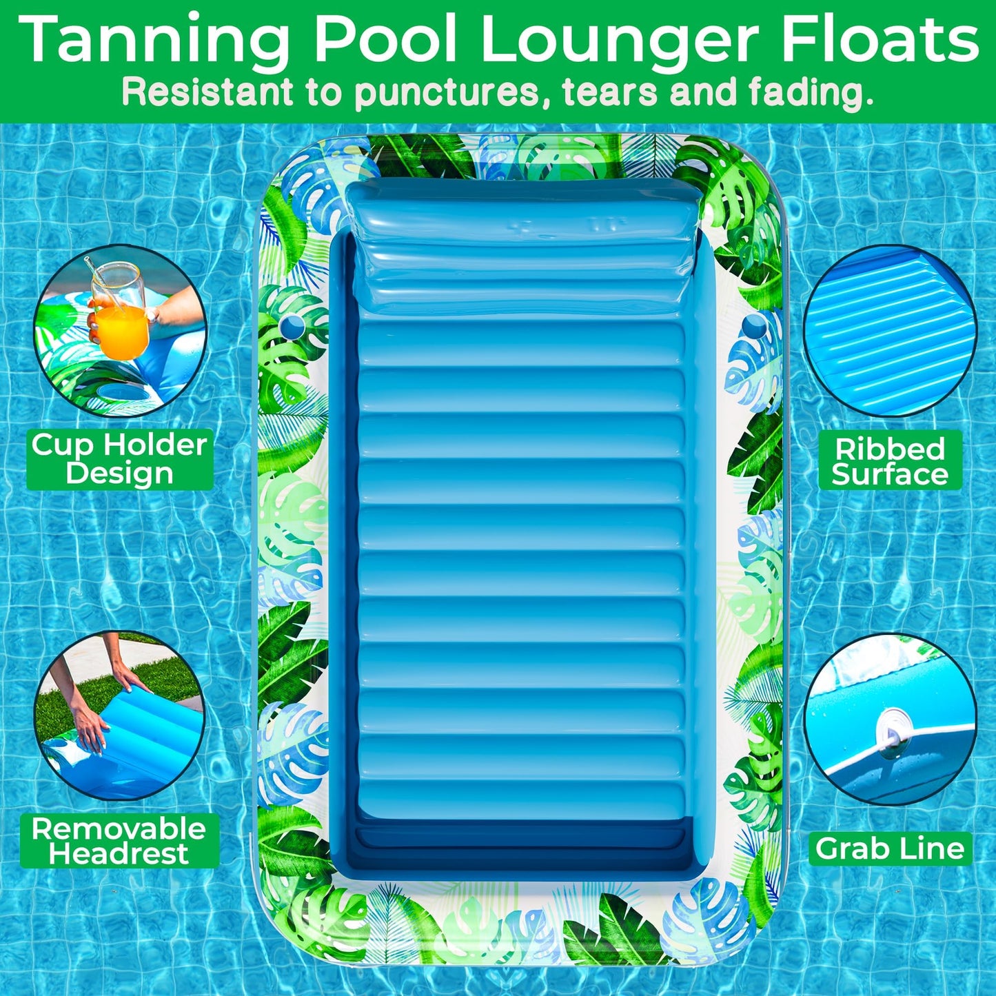 JAMBO Extra Large 80" x 56" Tanning Pool Lounger Float, Sun Tanning Pool Float, Inflatable Water Lounge Raft, Pool Lounger for Adults, Tanning Raft Float, Big Pool Tub, Water Tanning Bed, Kiddie Pool