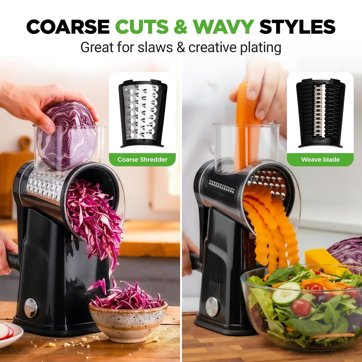 NutriChef 5 in 1 Cheese Grater & Shredder | 5 Different Blades for Thin, Thick, Julienne Strips, Wavy, & Straight Strips | Includes Hand Crank, Strong Suction Base & Storage Container | Black