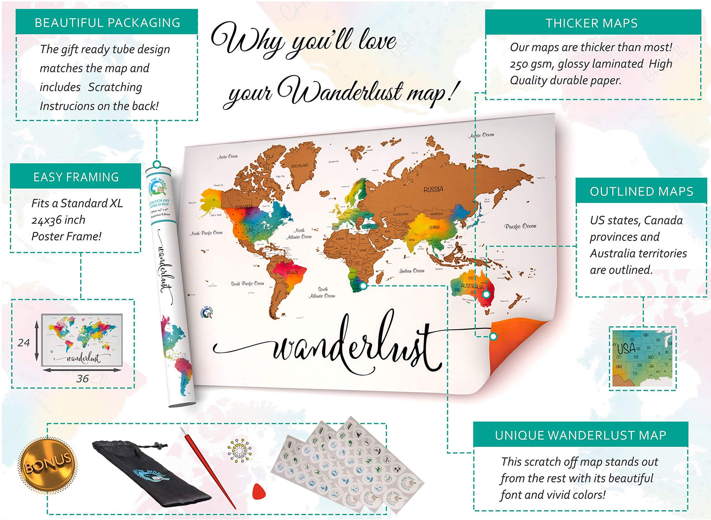 Scratch Off Map of The World | Deluxe Watercolor Wanderlust Edition | XL Size 36"x 24" | Easy to Frame | Beautiful Wall Art | Perfect Travel Gift | Includes Scratch Off Tools