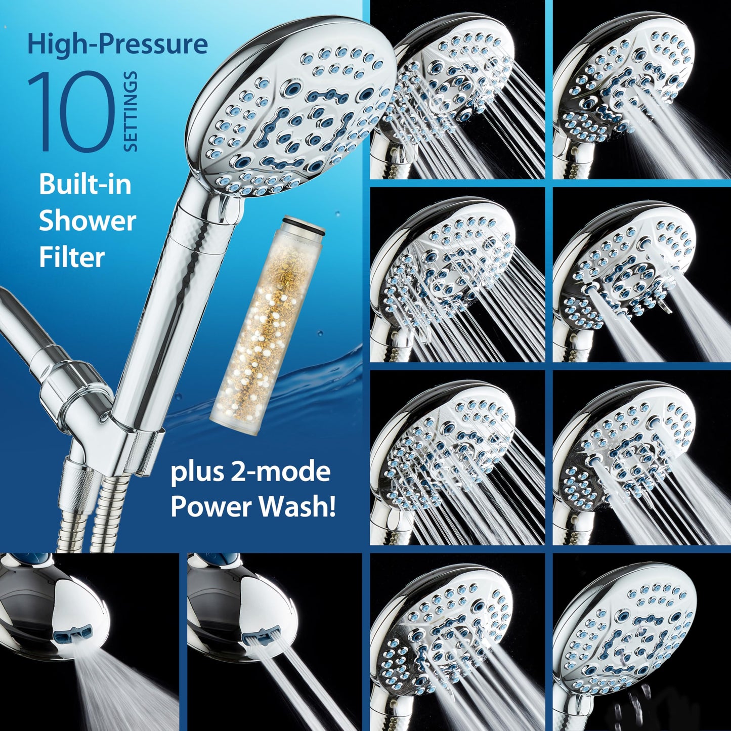 AquaCare 4X High Pressure 10-mode Filter Handheld Shower Head with Dual Power Wash - Clean Tub, Tile & Pets, Remove Chlorine, Metals & Toxins from Water to Protect Skin, Hair & Nails. Chrome Finish