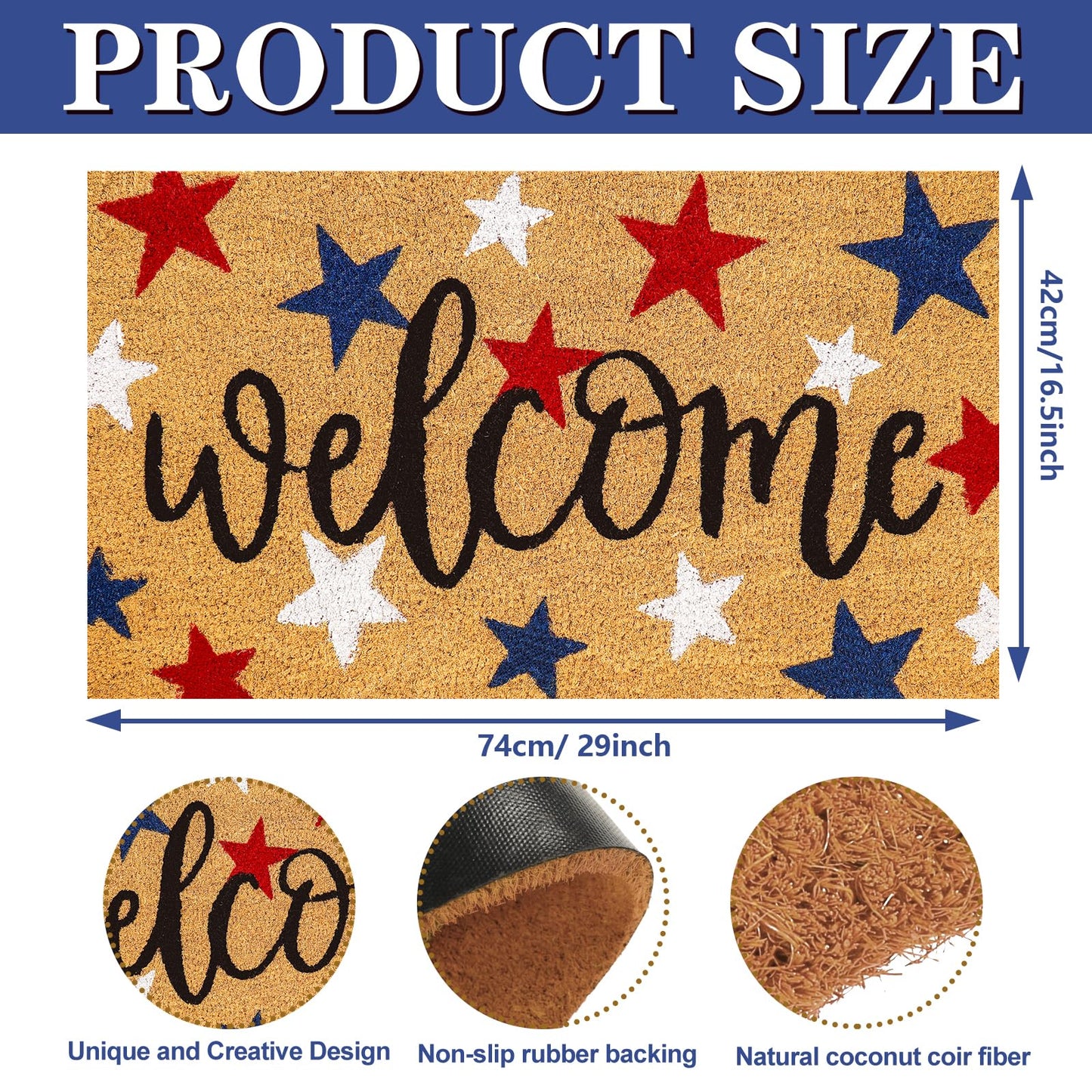 Whaline Patriotic Natural Coir Door Mat 4th of July Red Blue White Star Welcome Doormat Non-Slip Entrance Door Rugs for 250th Anniversary Independence Day Home Decor, 16.5 x 29 Inch