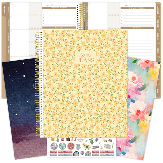 bloom daily planners All in One Ultimate Monthly & Weekly Undated Calendar Planner V2, Notebook, Sketch Book, Grid Pages, Coloring Book and More! 9" x 11" - Interchangeable Cover