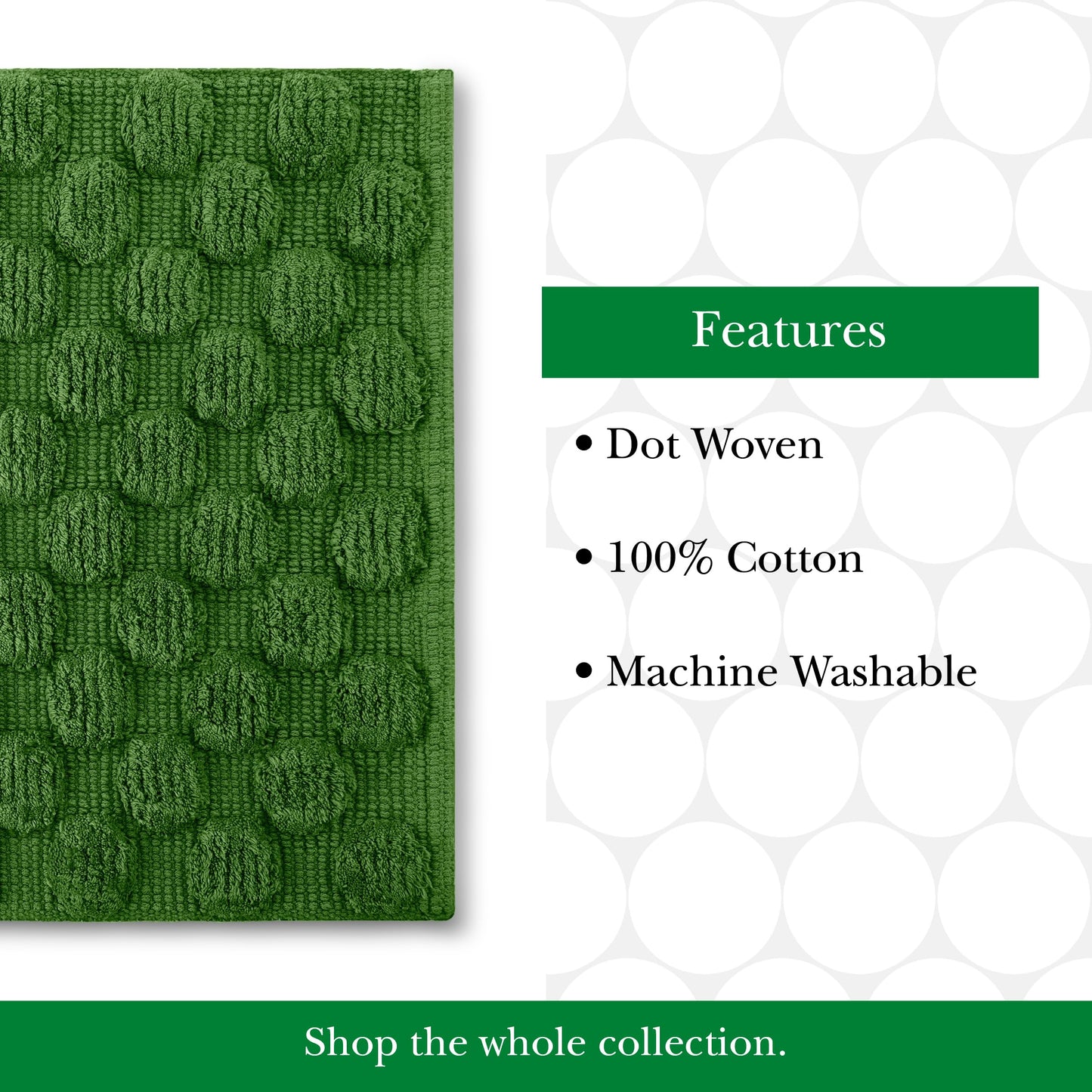 kate spade new york Dotted Woven Bath Rug, 21 in x 34 in, Absorbent Bath Mat, Slip Resistant, Made from 100% Cotton, Machine Washable, Green