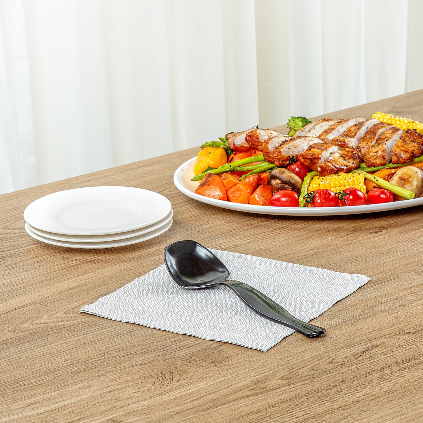 Restaurantware-Cater Tek 8 Inch Serving Spoons, 100 Disposable Spoons For Catering - Ergonomic Handle, Heavy-Duty, Black Plastic Food Spoon, Elegant, For Weddings, Buffets, Or Catering Events