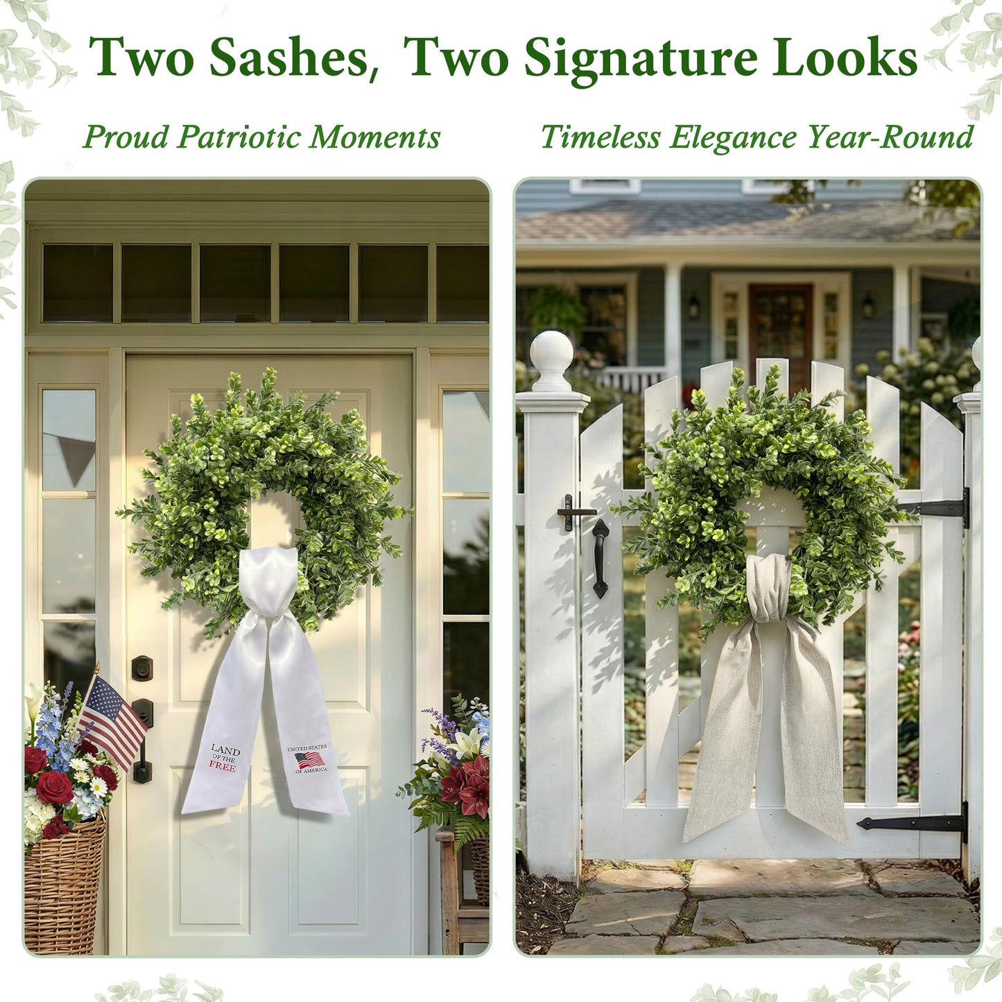 Presentastic 26 Inch Large Boxwood Wreaths for Front Door, Spring & Summer Artificial Wreath with Patriotic & Burlap Sash, Faux Greenery Year-Round Farmhouse Wedding Porch Window, Indoor Outdoor Decor