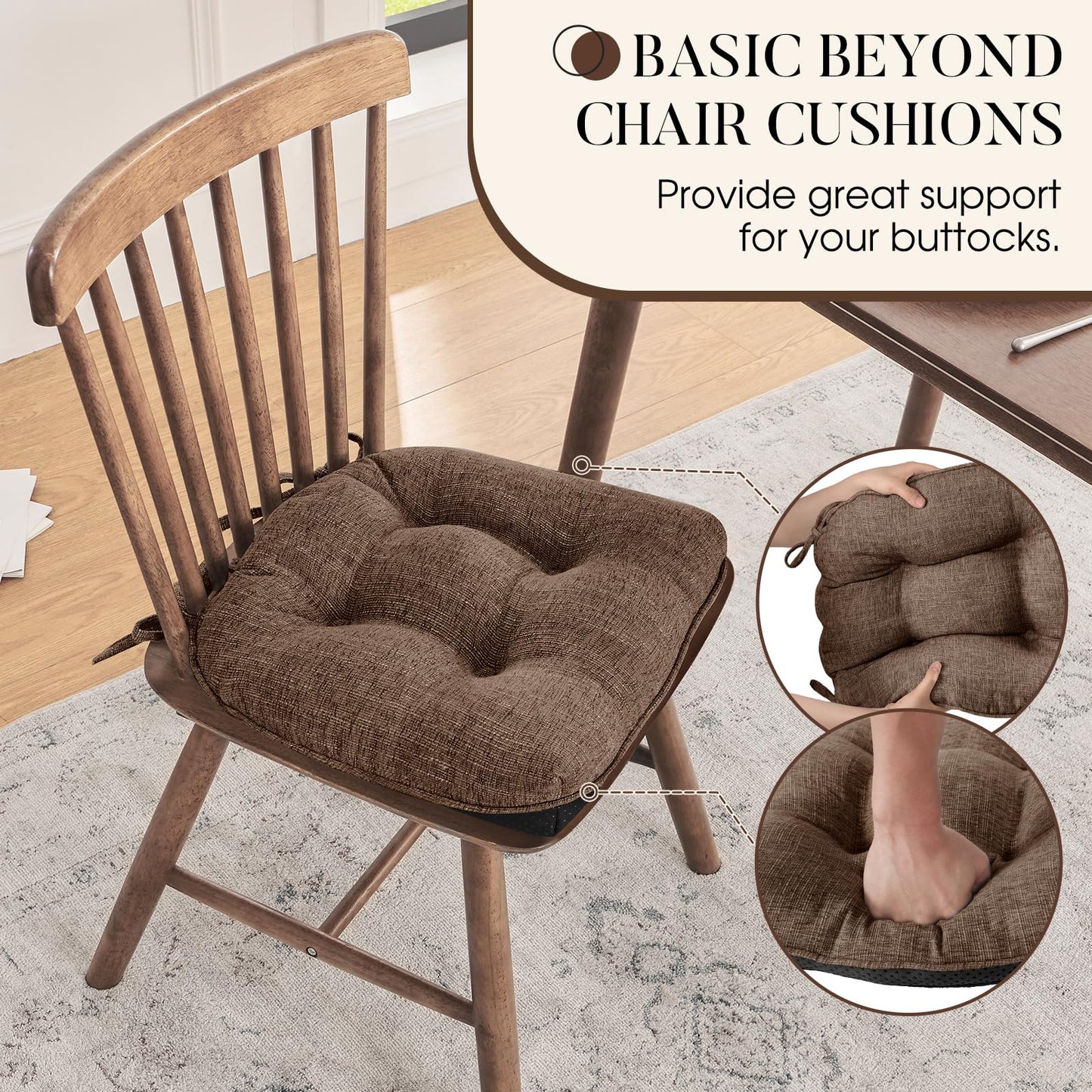Basic Beyond Chair Cushions for Dining Chairs 4 Pack, Chair Cushion with Ties and Non Slip Backing, 15.5 x 15.5 inches Tufted Chair Pads for Dining Chairs(Brown)