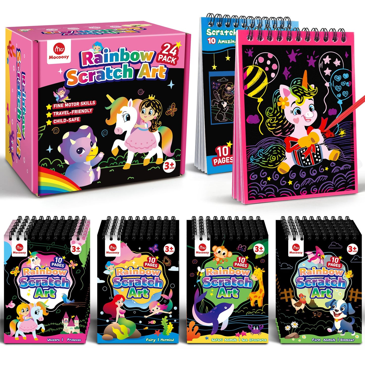 Mocoosy 24 Pack Scratch Art Party Favors for Kids Ages 4-8-12, Birthday Goodie Bag Stuffers, Rainbow Scratch Notebook Bulk, Coloring Books Art Craft Supplies Toddler Boy Girl Gifts Classroom Prizes