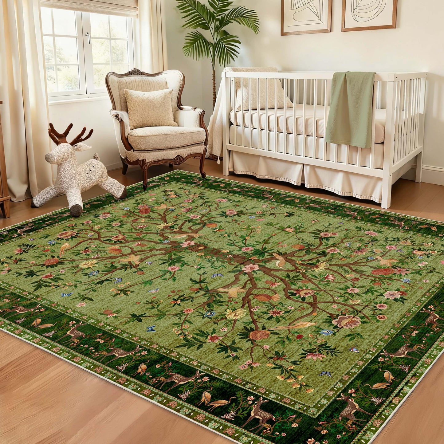 TANVILL Green Area Rugs 5x7, Machine Washable Non-Slip Rug, Boho Floral Botanical Soft Low Pile Throw Rugs for Living Room, Bedroom, Dining Room, Office
