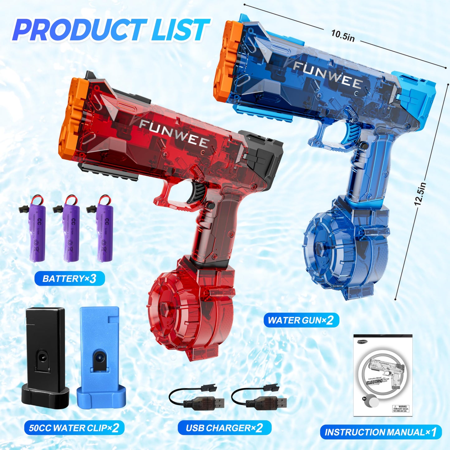 Funwee 2 Pack Electric Water Guns, Full Automatic Electric Squirt Gun High Capacity 500+ Water Blasts, Long Range Water Pistol Blaster Soaker, Summer Outdoor Pool Auto Water Toy for Adult Kid