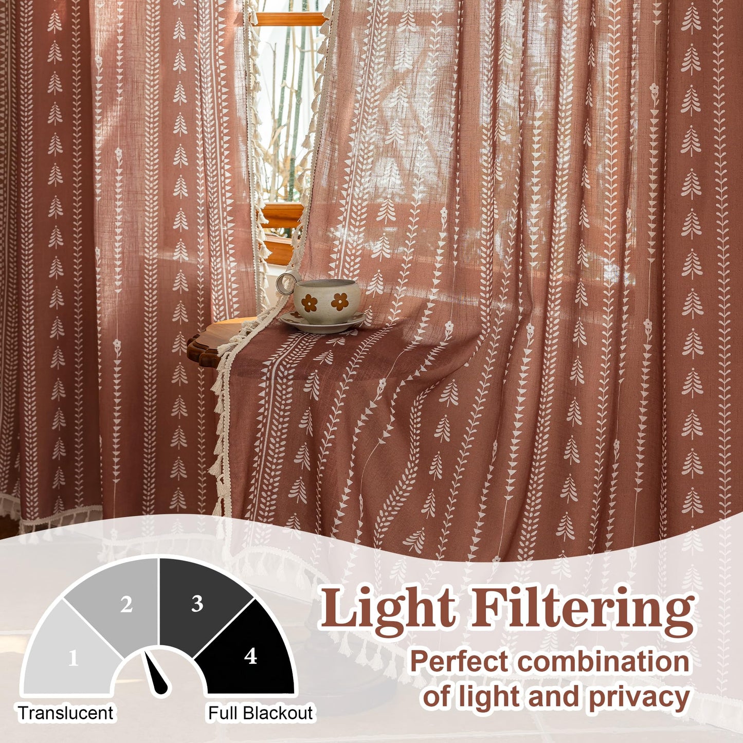 MEETSKY Boho Curtains for Living Room, Terracotta Curtains 84 Inch Long Linen Blended Semi Sheer Curtains with Tassels Back Tab, Light Filtering Patterned Drapes 50" W x 84" L Each Panel, 2 Panels