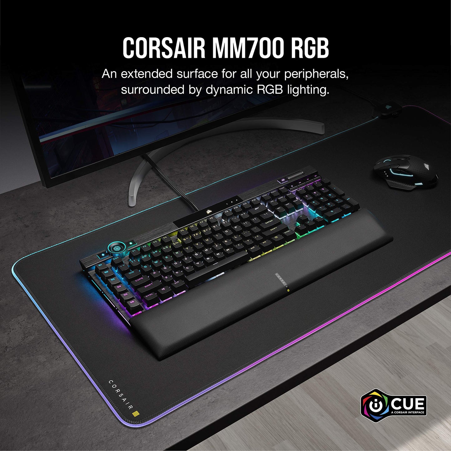 Corsair MM700 RGB Extended Cloth Gaming Mouse Pad - 36.6" x 15.8" - 360° RGB Lighting - Two USB Port Hub - Thick Rubber - Black