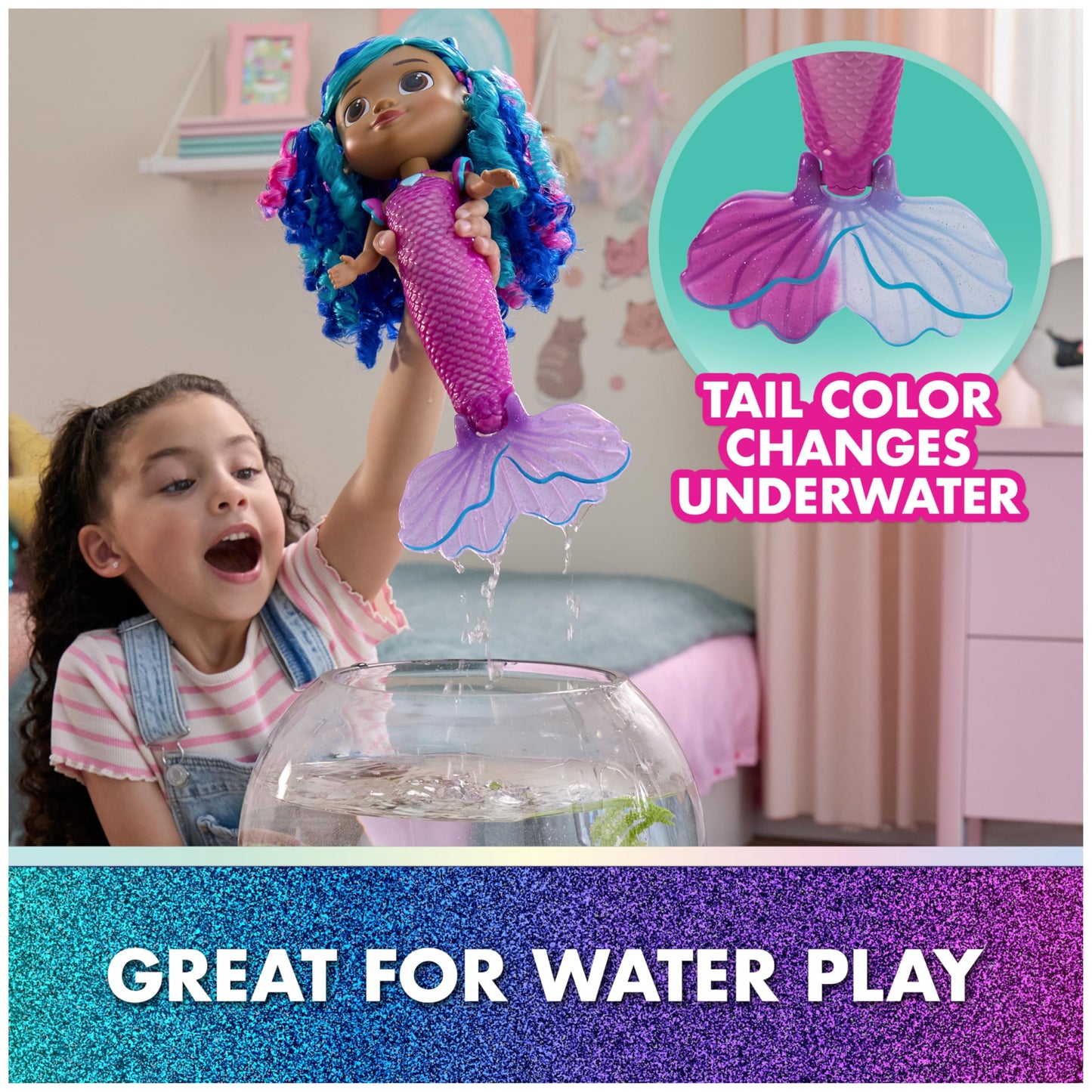 DreamWorks GABBY'S Dollhouse The Movie, Sing & Shine Mermaid Gabby, Waterproof Mermaid Doll with Lights & Sounds, Kids Toys for Girls & Boys Ages 3 and Up