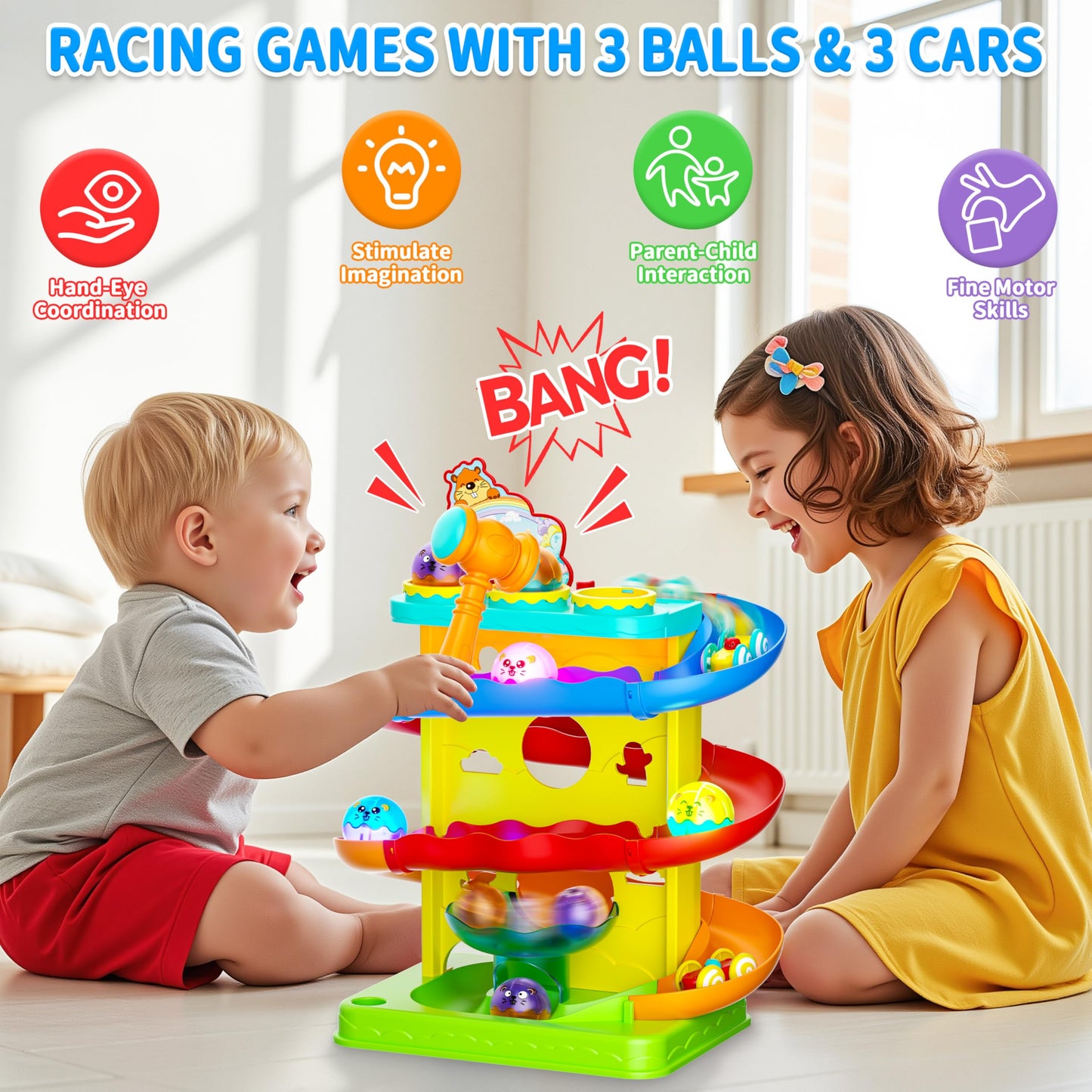 FUNWEE 2-in-1 Ball & Racing Car Ramp Toy for Toddlers, Race Track Hammer Drop Rolling Lights Ball, Learning Early Developmental Fun Game Birthday Gift Idea for Kids 2 3 4 5+Year Old Girl Boy(Yellow)