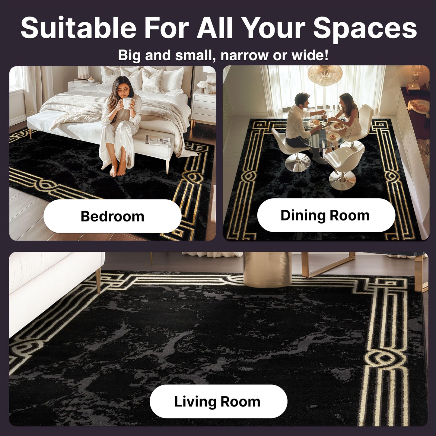 Well Woven Lezlee Abstract Modern 2' x 3' Area Rug Black Gold Marble Border - for Entryway, Office, Accent