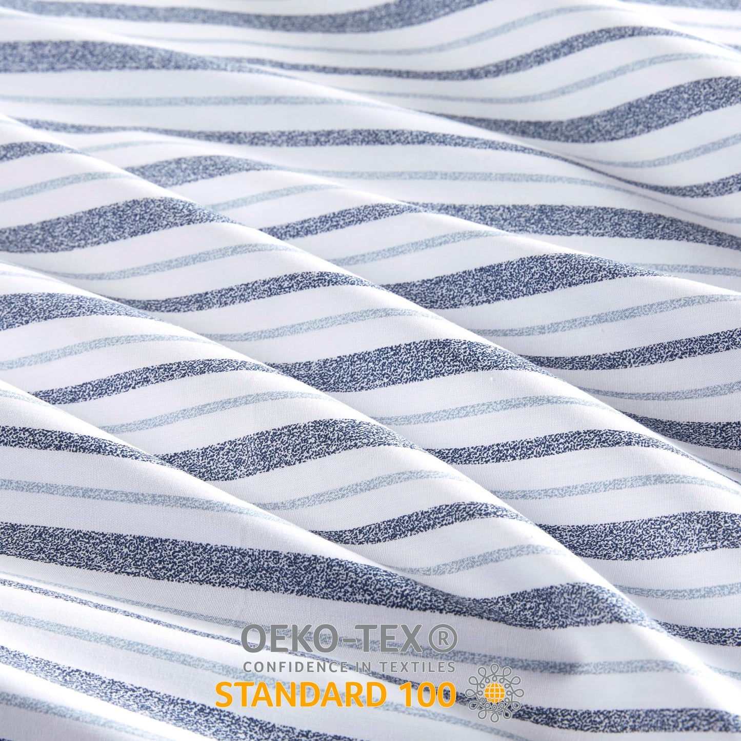 Madison Park 100% Cotton Sheets, Breathable & Soft Cotton Bed Sheets, Printed Design, Elastic Pocket Cotton Sheet Set Fits Up to 17" Mattress, All Season, Queen Blue Stripes 4 Piece