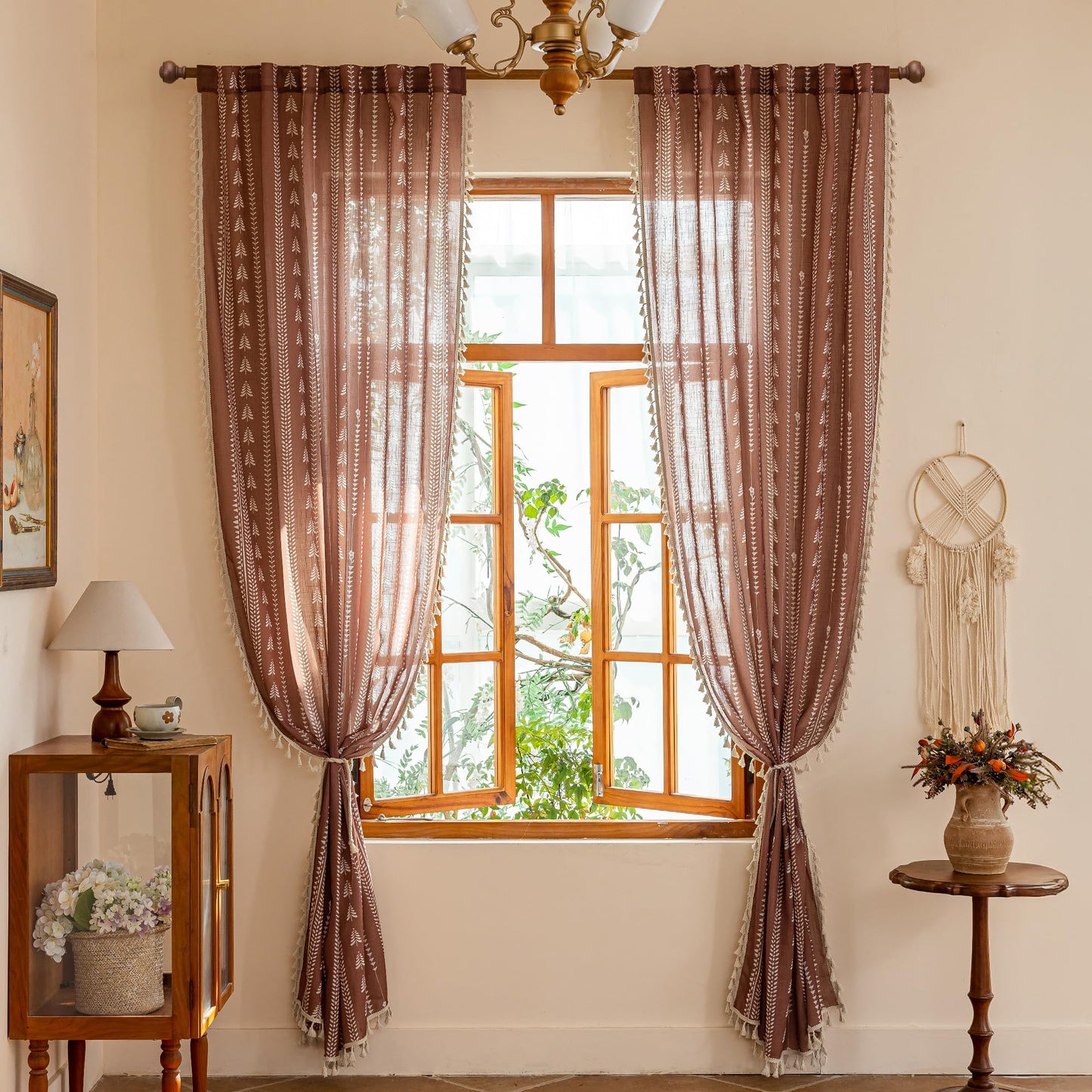 MEETSKY Boho Curtains for Living Room, Terracotta Curtains 84 Inch Long Linen Blended Semi Sheer Curtains with Tassels Back Tab, Light Filtering Patterned Drapes 50" W x 84" L Each Panel, 2 Panels