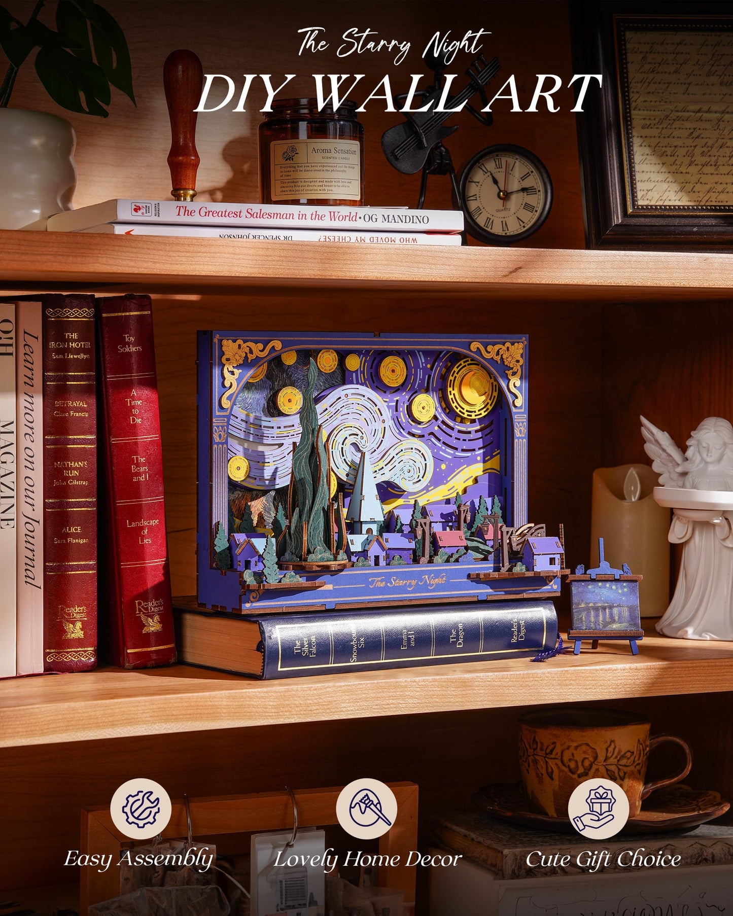 Rowood Starry Night 3D Puzzle Building Set with LED,Wooden Vincent Van Gogh Painting Artwork Craft Kits for Adults,Home Decor Botanical Collection Gift on Christmas