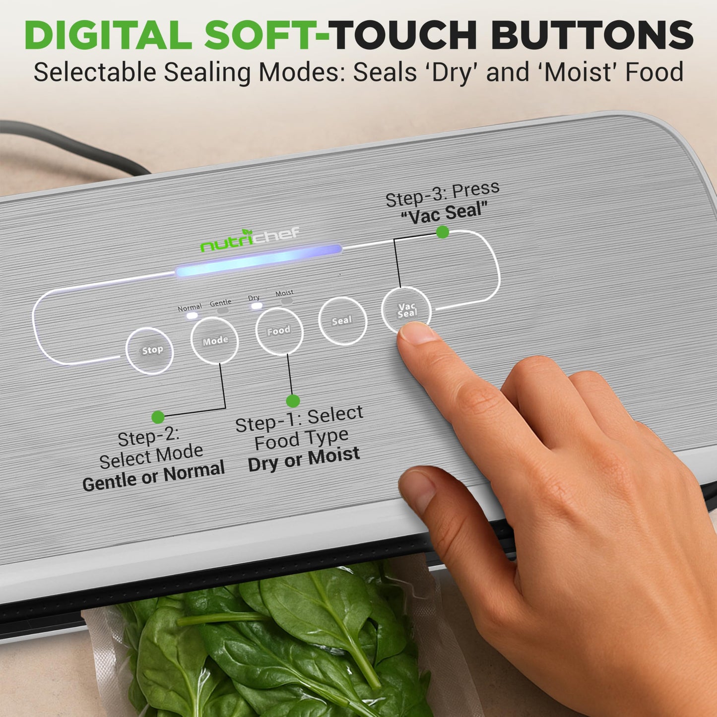 NutriChef Automatic Food Vacuum Sealer, Electric Air Sealing Preserver System for Dry and Moist Foods, LED Control, Strong Suction, Includes Bags, Wine Stopper Cork, and Air Suction Hose, 14"x6"x3"