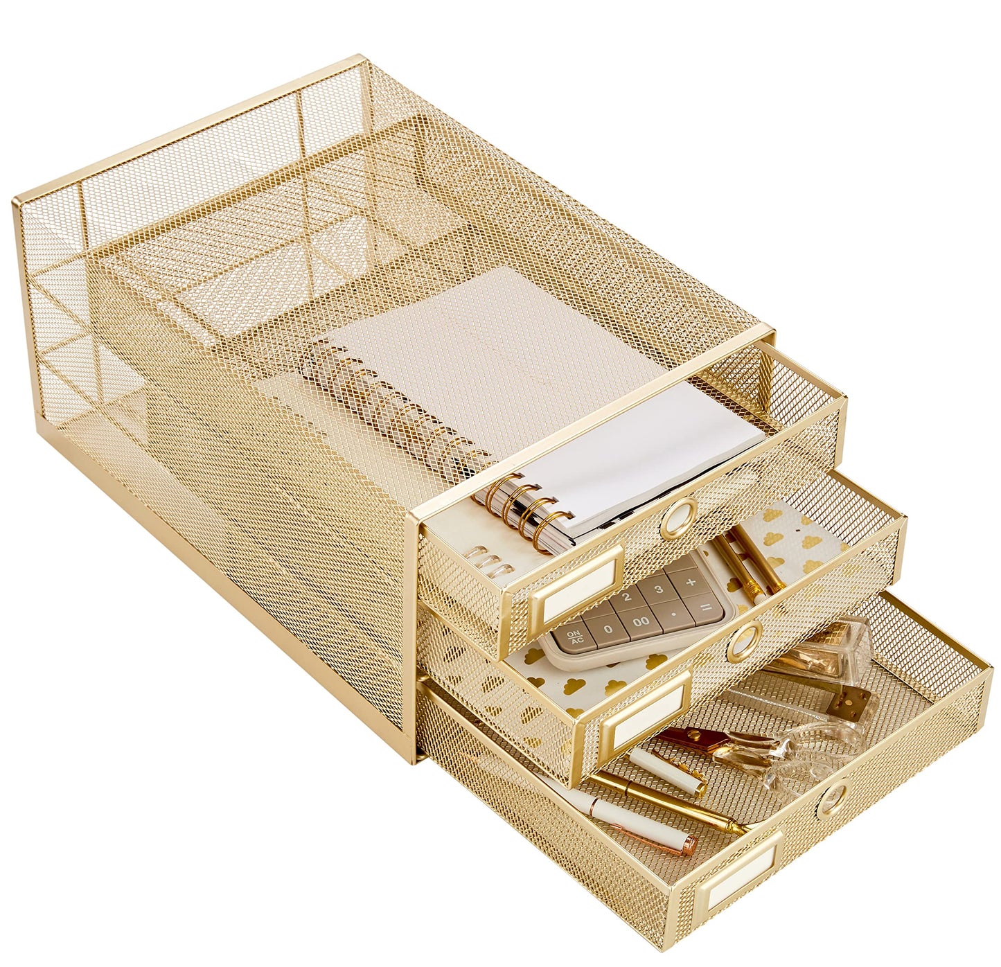 Annova Desk Organizer Wire Mesh 3 Tier Sliding Drawers Paper Sorter/Multifunctional/Premium Solid Construction for Letters, Documents, Mail, Files, Paper, Kids' Art Supplies (Gold)