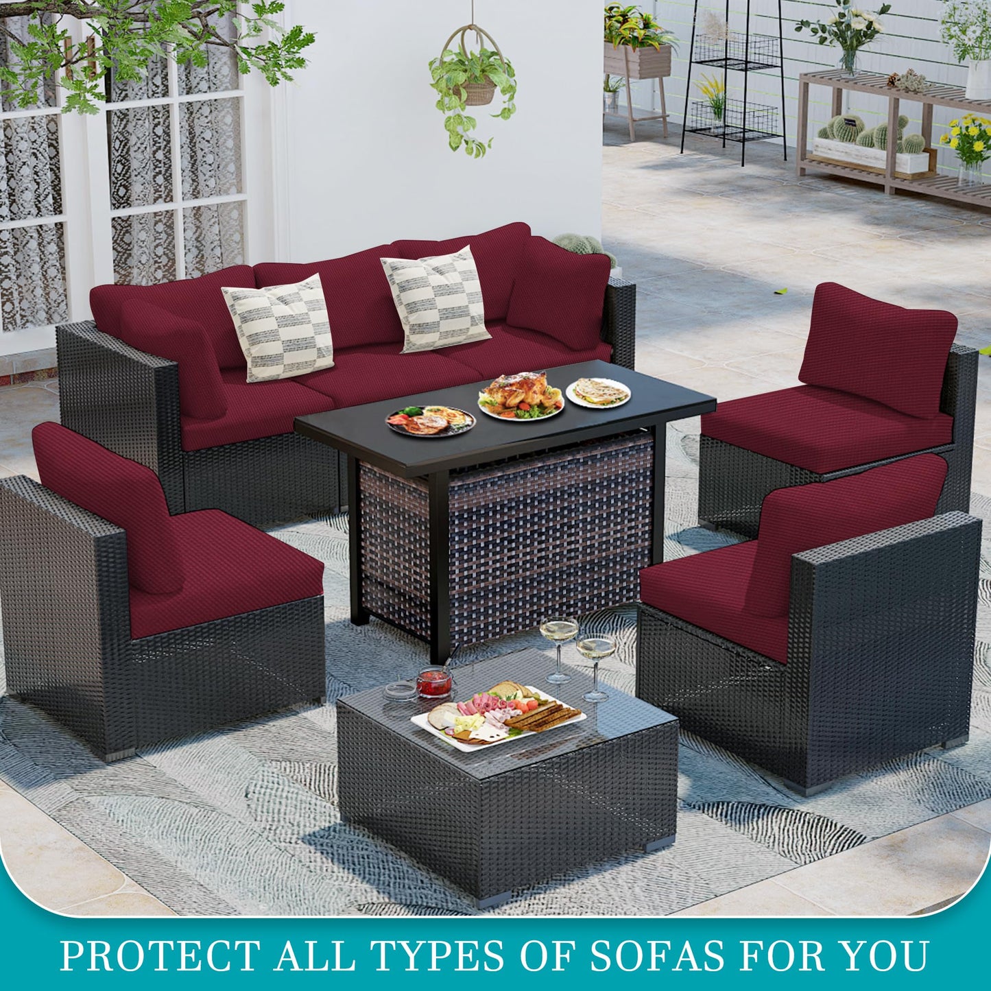 14Pcs Stretch Patio Cushion Covers,Outdoor Couch Covers Replacement,Outdoor Couch & Sofa Slipcovers,for Patio Furniture Cushion Covers,Washable Reusable Furniture Protector (Wine red,Cover Only)
