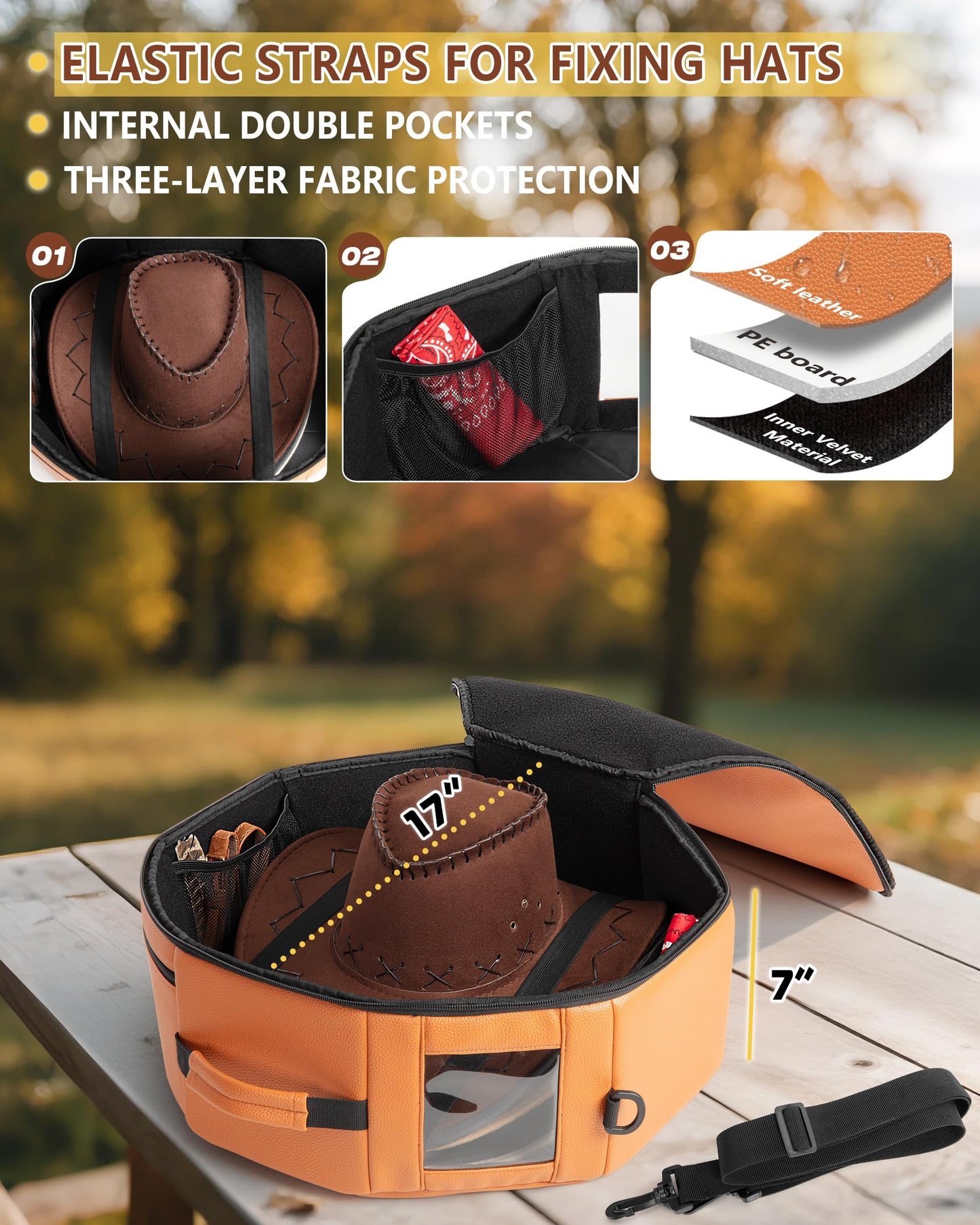 Marscamd Vegan Leather Hat Box Fits 4 Cowboy or Wide-Brim Hats, Padded Storage Case with Shoulder Strap & Trolley Sleeve for Travel or Home Storage, Brown
