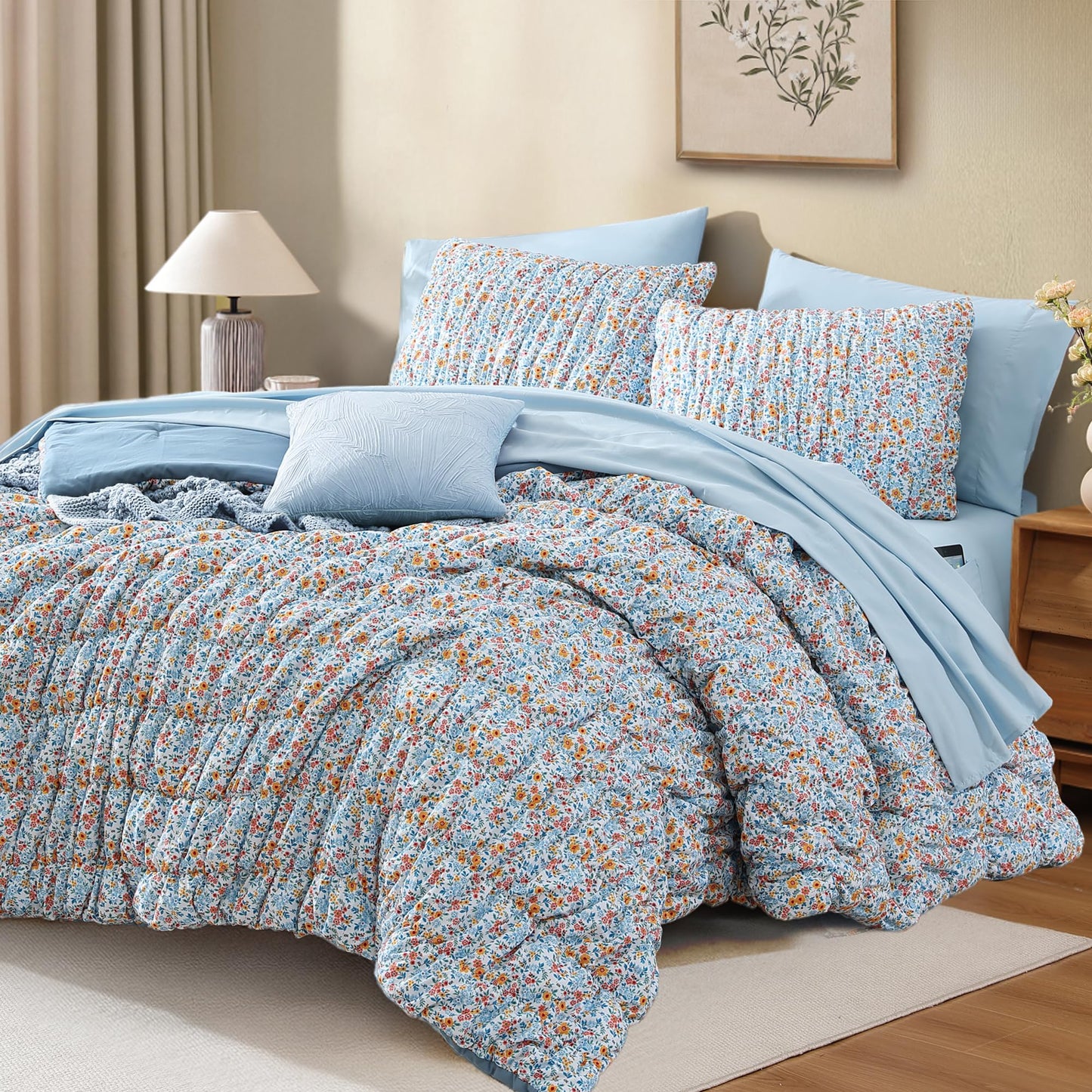 BLOOMHAVEN Full Size Comforter Sets-7 Pieces Puff Marigold Blue Floral Bedding Set for All Seasons, Shabby Chic Farmhouse Bed in a Bag Full with Floral Comforter, Sheets, Pillowcases & Shams