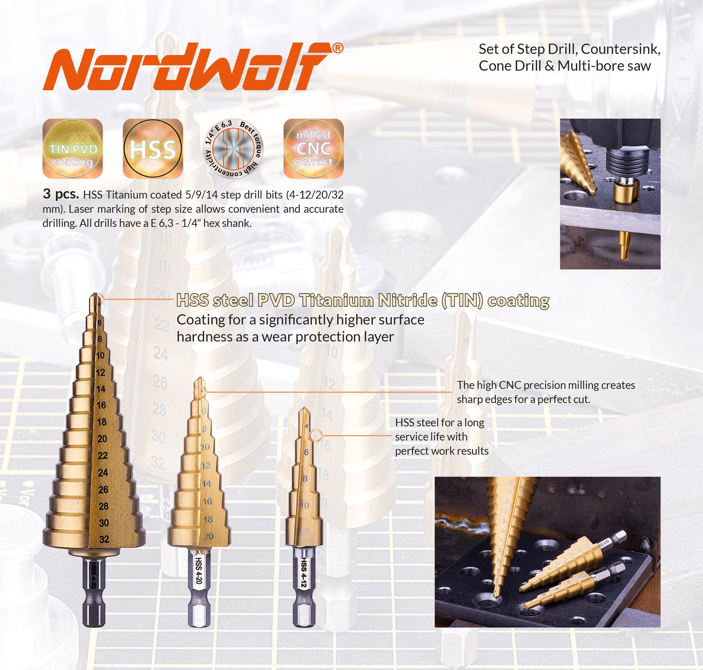 NordWolf 12-Piece HSS Titanium Metric Step, Countersink, Cone Drills with 1/4" Hex Shank, Multi Drill Saw & Automatic Center Punch Set in Storage Case
