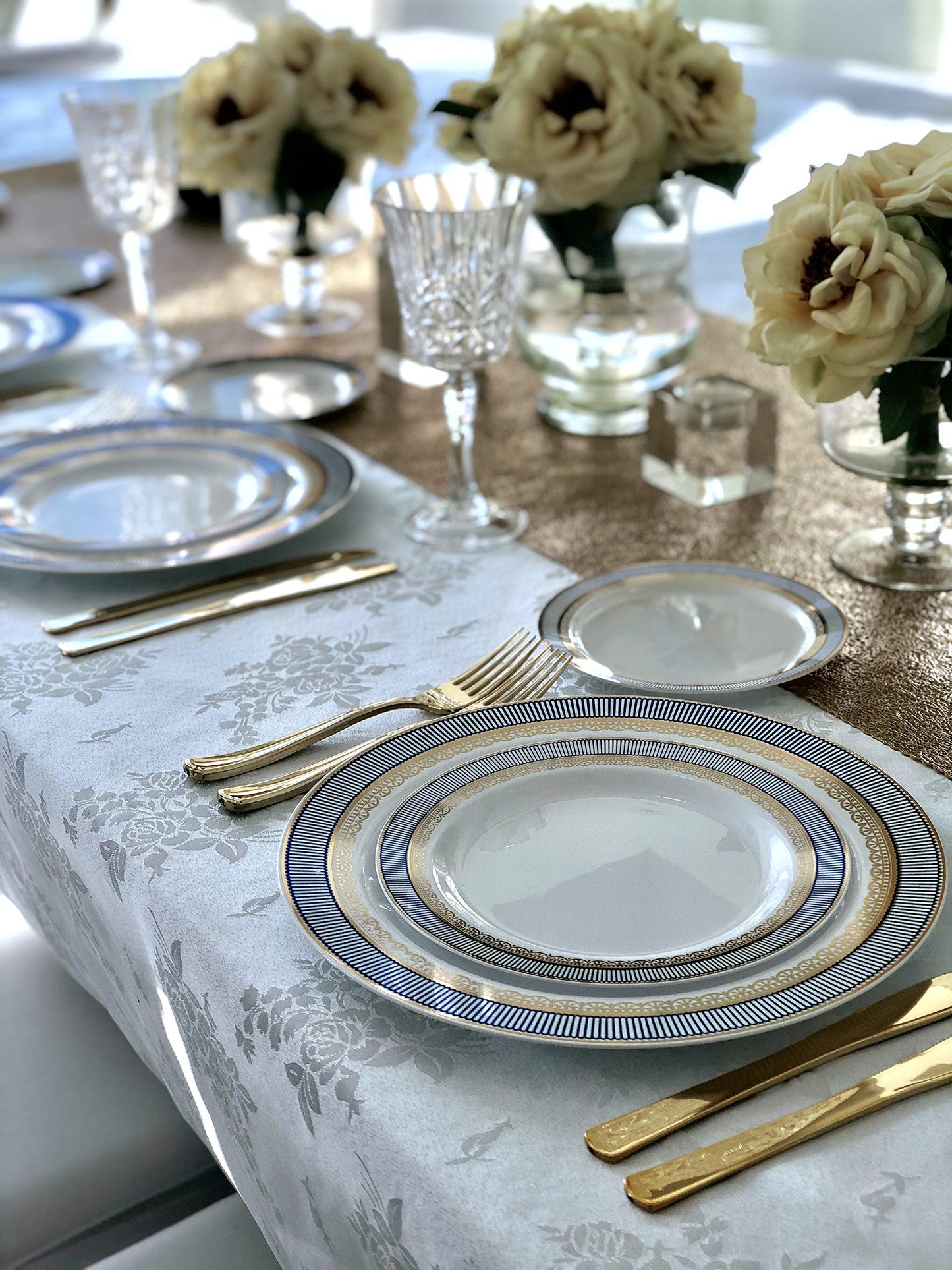 " OCCASIONS " 50 Plates Pack (25 Guests)-Heavyweight Wedding Party Disposable Plastic Plate Set -25 x 10.5'' Dinner + 25 x 7.5'' Salad/dessert plates (Louvre in White w/Blue & Gold)