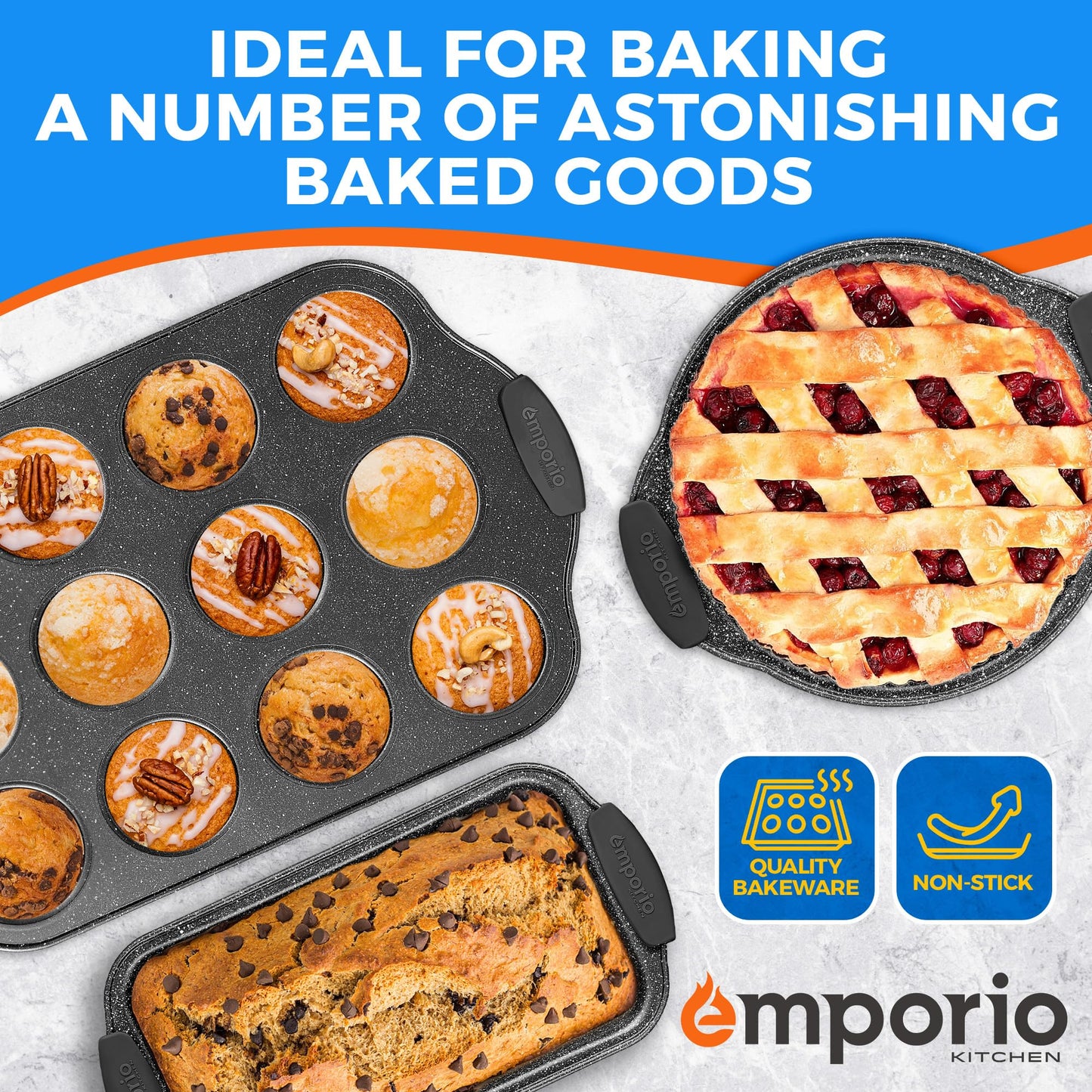 Emporio Kitchen Baking Pan Set - Nonstick Coating, Carbon Steel Bakeware Set with Gray Silicone Handles, PFOA, PFOS, PTFE Free, Recipe Booklet Included, Oven Safe Tray (Up To 450° F), Set of 25 - Gray