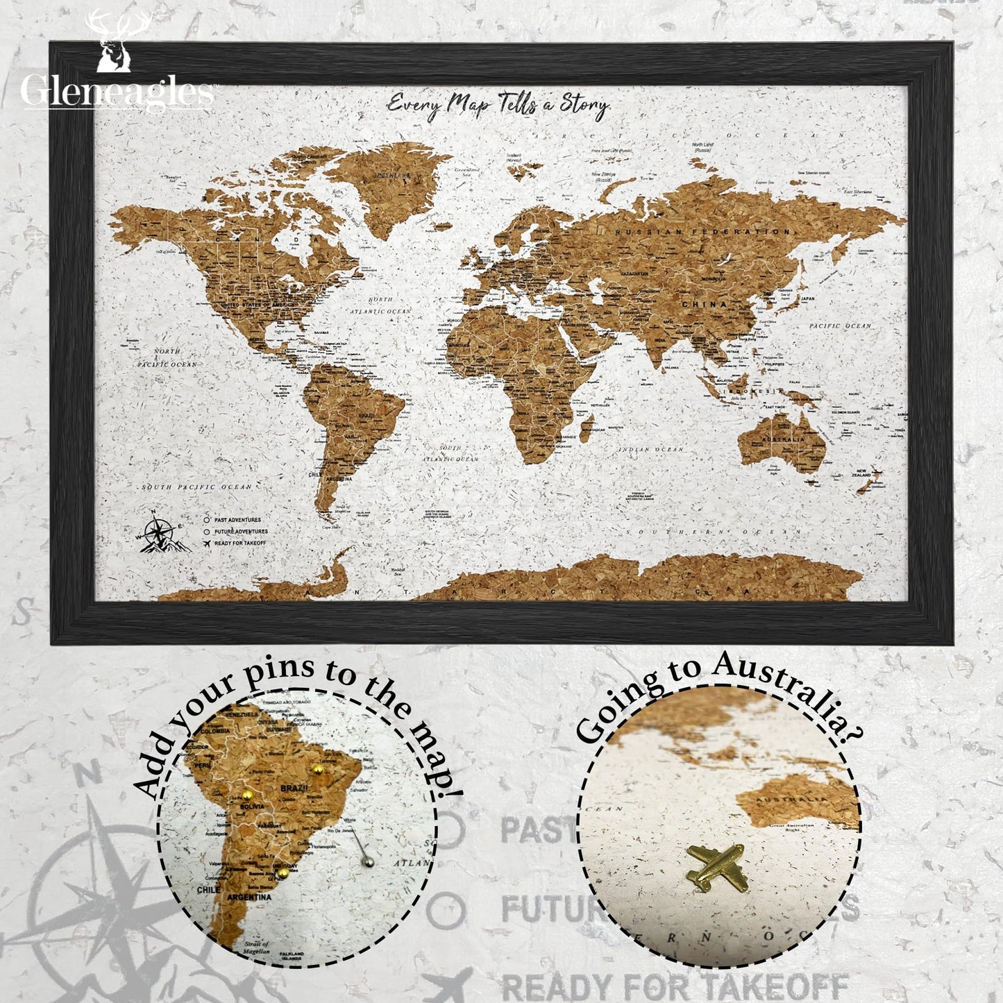 Gleneagles World Travel Map with Pins - Black Frame Cork Board 70 Push Pins Included 21.2''x14.2'' Home Office Wanderlust Decor Gift Present for Travelers Mark Past Future Adventure 3 Colours