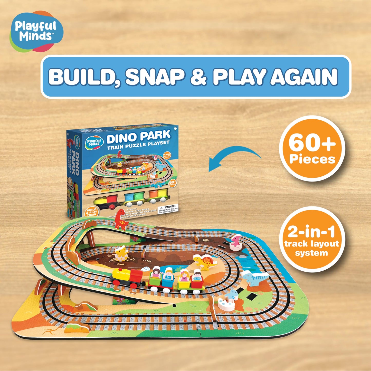 Playful Minds Dino Park Train Puzzle Playset – 60 Pc Build and Play Railway Set for Toddlers and Kids Ages 3-5 – EVA Foam Puzzle Track with Motorized Train and Cars