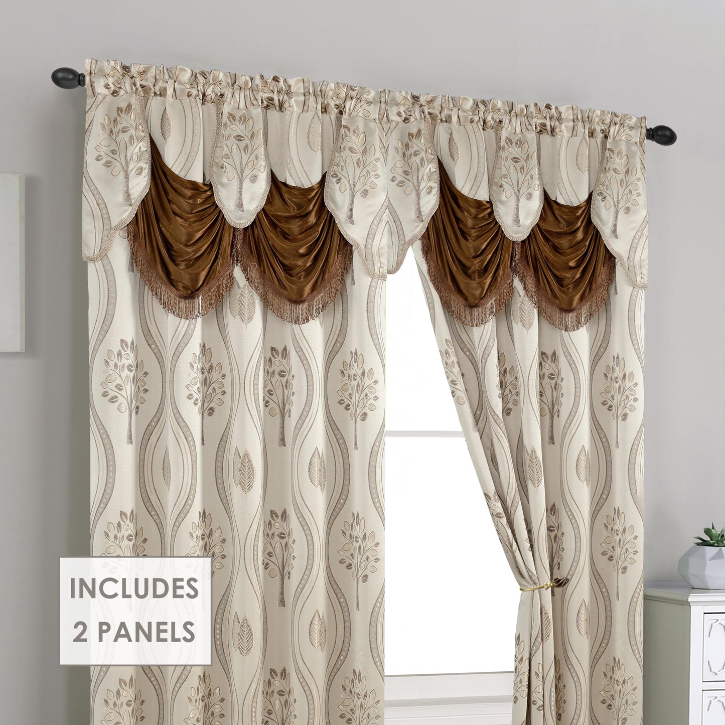 Elegant Comfort Luxurious Aurora Jacquard Look Curtain Panel Set with Attached Valance 54" X 95 inch (Set of 2), Beige