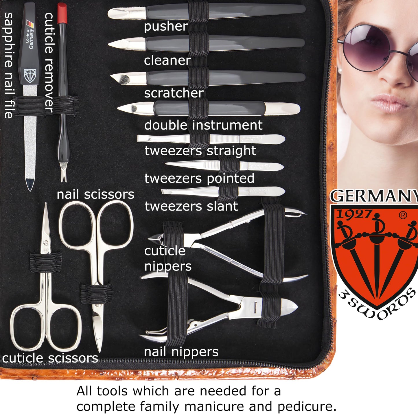 3 Swords Germany - Brand Quality 23 Piece Manicure Pedicure Grooming kit Set for Professional Finger & Toe Nail Care Tweezers File Clipper Fashion Leather case in Gift Box, Made by 3 Swords (7452)