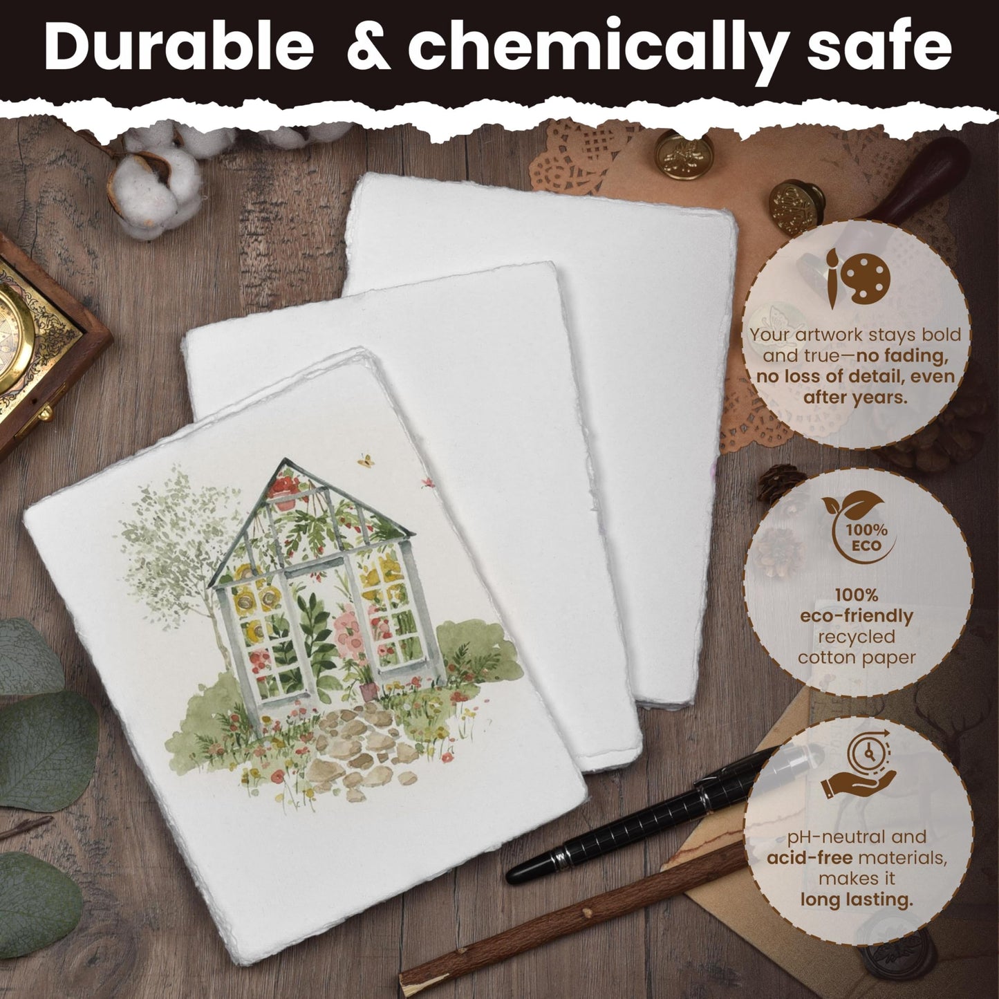 LEATHER VILLAGE Watercolor Paper - 9 X 12 inches, 50 Sheets - Mixed Media Watercolor Paper - 150 GSM Thick Deckle Edge Virgin Cotton Handmade Paper - Off White